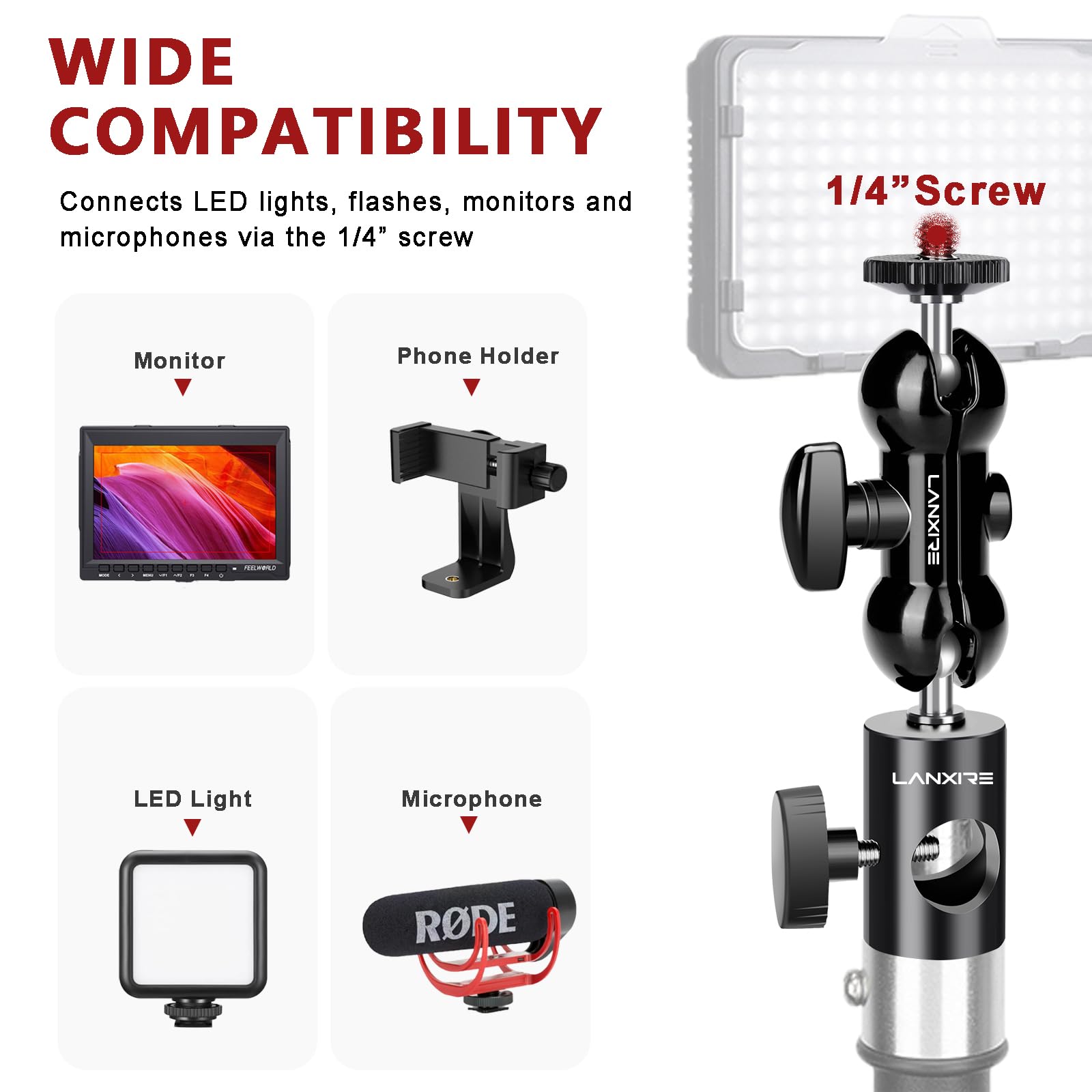 Lanxire Light Stand Mount Adapter (2 Packs) With Double Ball Head - Compatible With Ring Light, Led Lights, Monitors, Flashes & Microphones - Max Load 4.4Lb/2Kg - 1/4" Screw Cool Ball Head