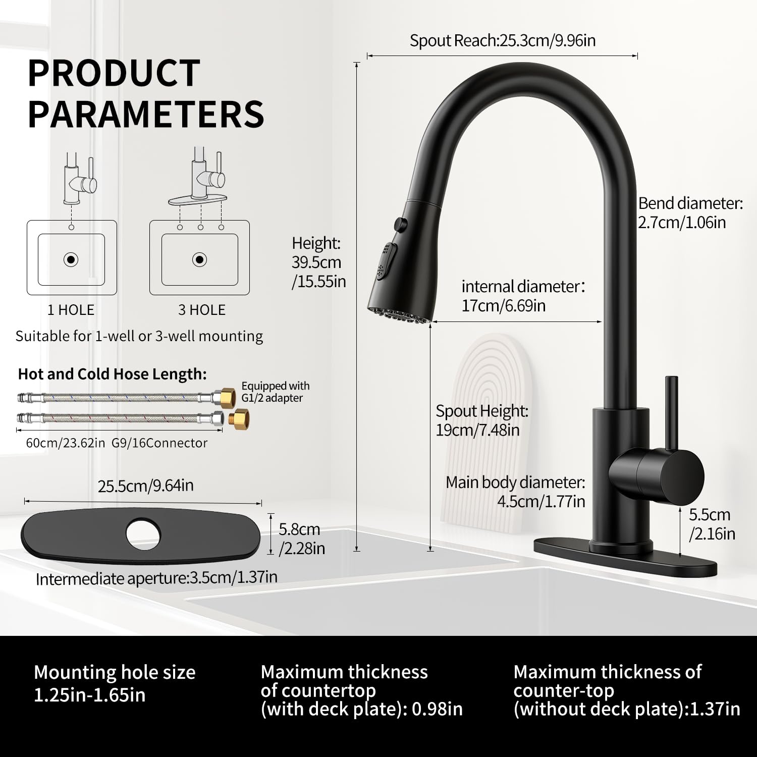 Oersitor Kitchen Faucet With Pull Down Sprayer，Stainless Steel Single Handle Kitchen Faucet，Multiple Modes Switch Water,1/3 Hole, Deck Plate Included (Black)
