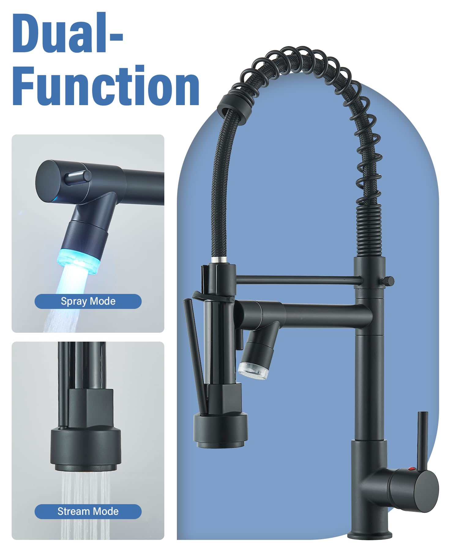 Neierthodore Kitchen Faucet With Led,Stainless Steel Single Handle Single Hole Kitchen Sink Faucet With Pull Down Sprayer,Spring Matte Black Kitchen Faucets
