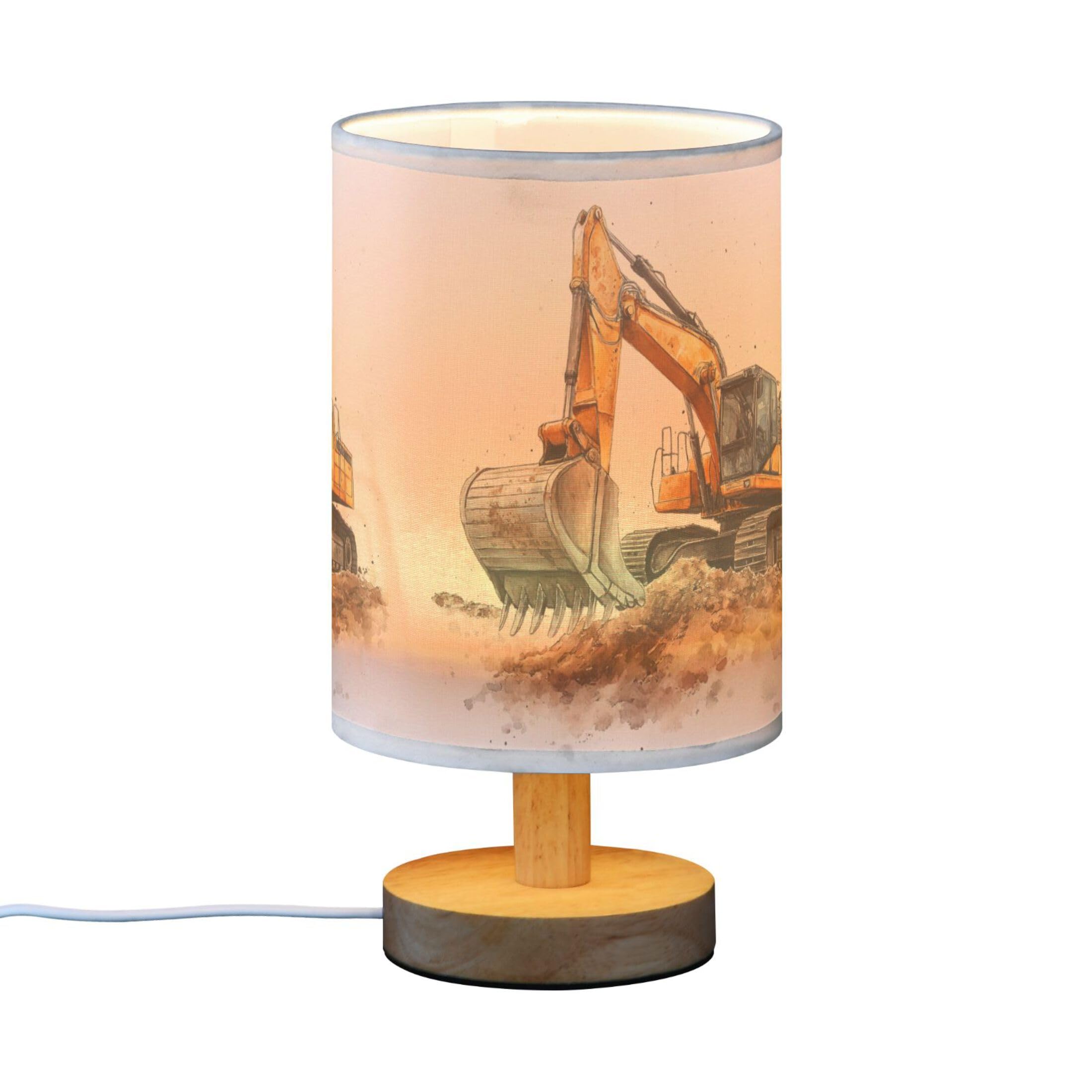 Yyzzh Table Lamp Construction Car Excavator Painting Nightstand Lamp With Wood Base Fabric Lamp Shade Bedside Desk Lamp For Living Room Bedroom Kids Room Office