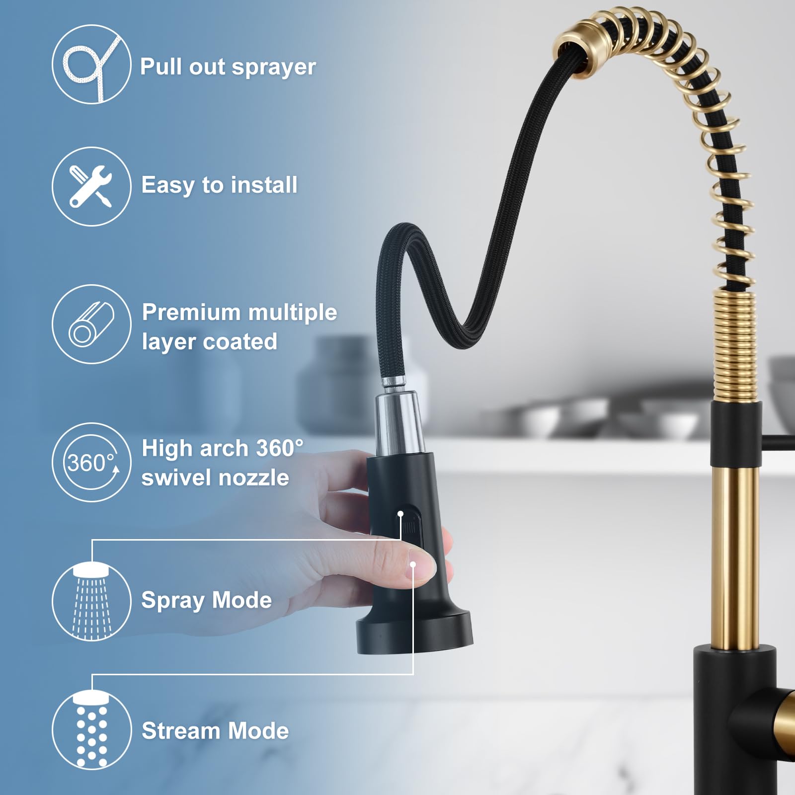 Djs Kitchen Faucets With Pull Down Sprayer Matte Black & Brushed Gold - Single Handle 1 Or 3 Holes Spring Kitchen Sink Faucet With Deck Plate For Farmhouse Rv Vessel Basin