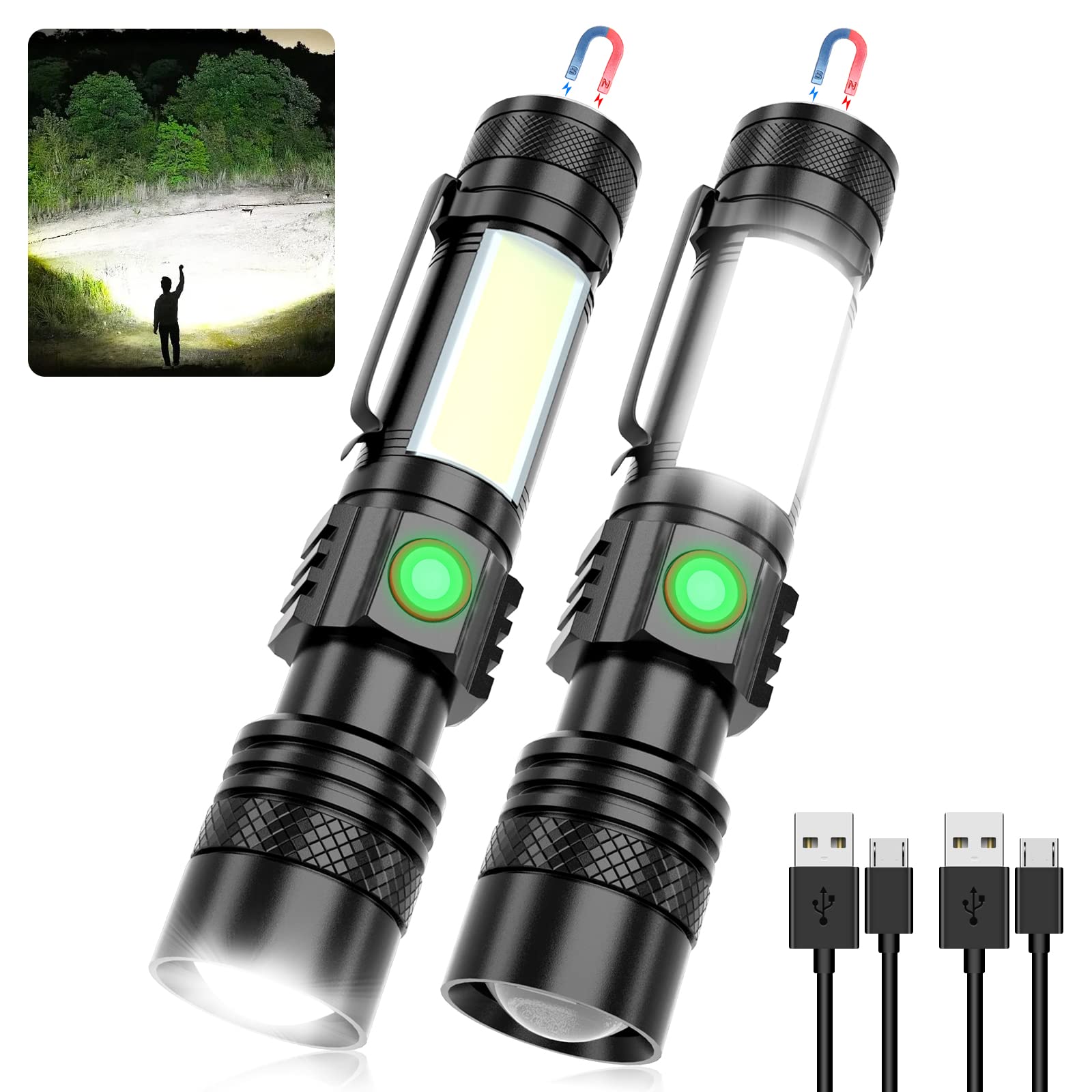 Vnina Usb Rechargeable Flashlight, Led Magnetic Flashlights Super Bright Utility Flashlights With Cob Sidelight Waterproof Zoomable 6 Modes Usb Rechargeable For Camping Emergency
