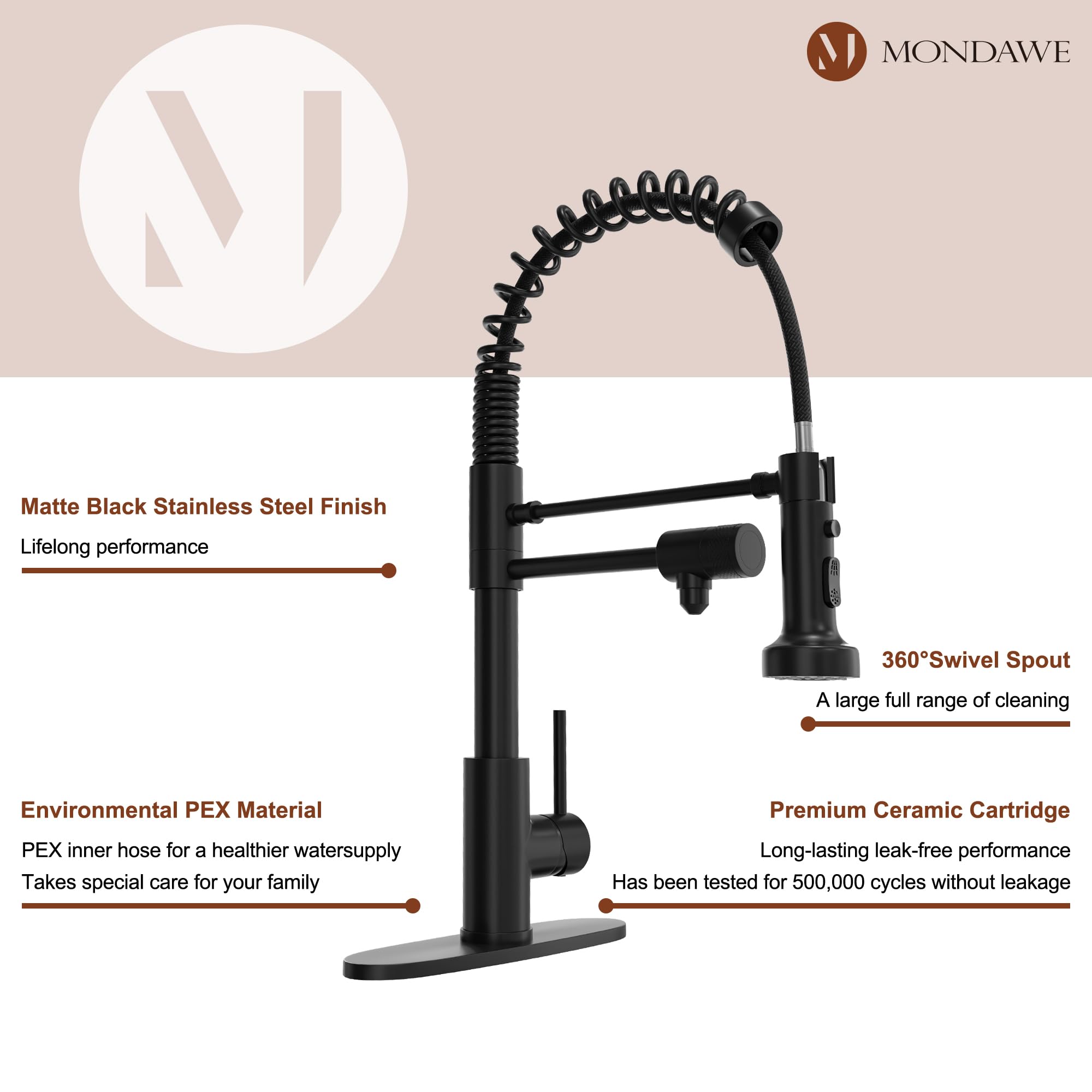 Mondawe 3 Way Spring Kitchen Faucet With Water Filter Faucet Solid Brass Single Handle Kitchen Sink Faucet With Pull Down Sprayer For Counter, Drinking Water Spout, Matte Black