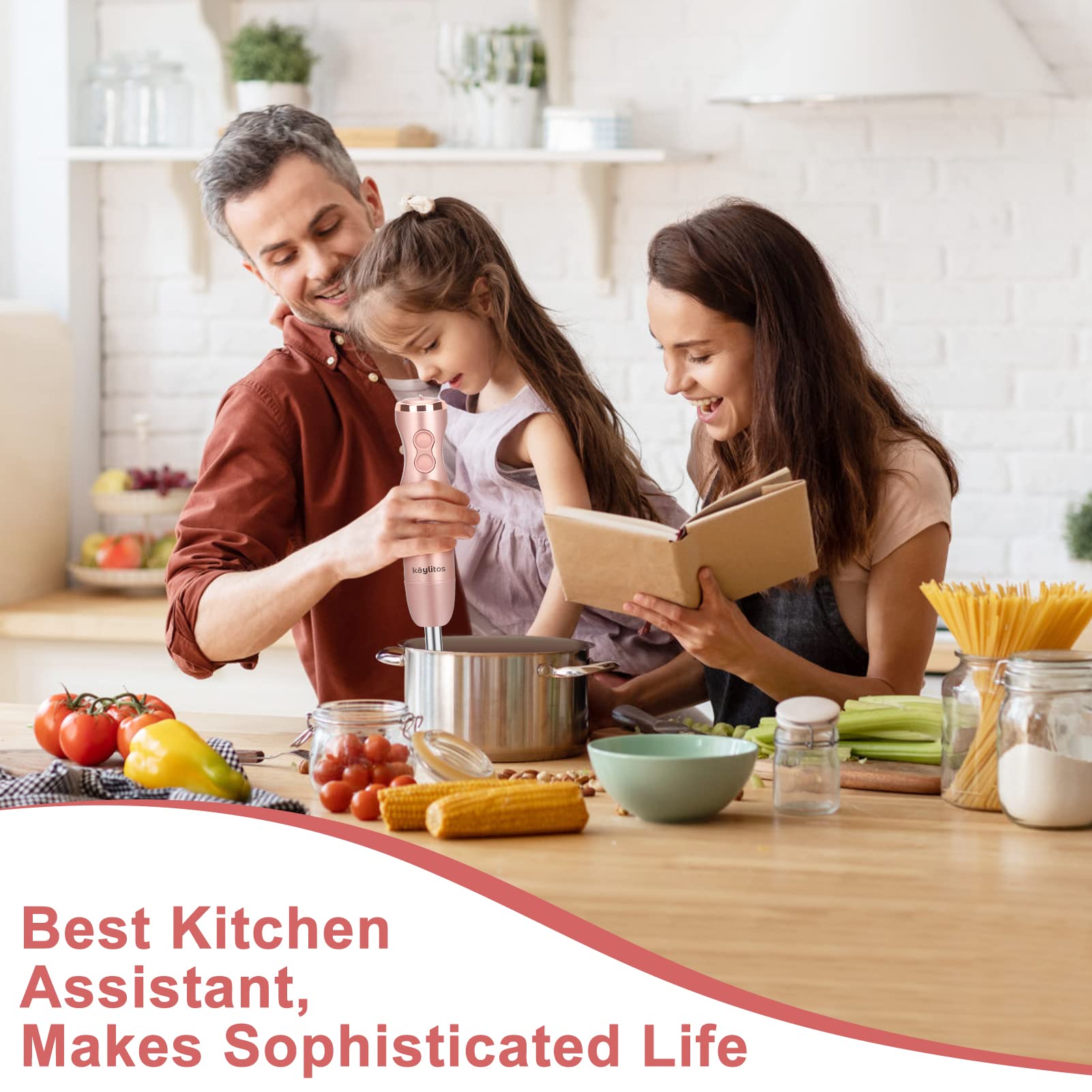 Keylitos 5-In-1 Immersion Hand Blender, Powerful 12-Speed Stick Blender With 304 Stainless Steel Blades, Chopper, Beaker, Milk Frothing Attachment And Egg Whisk, Golden Pink