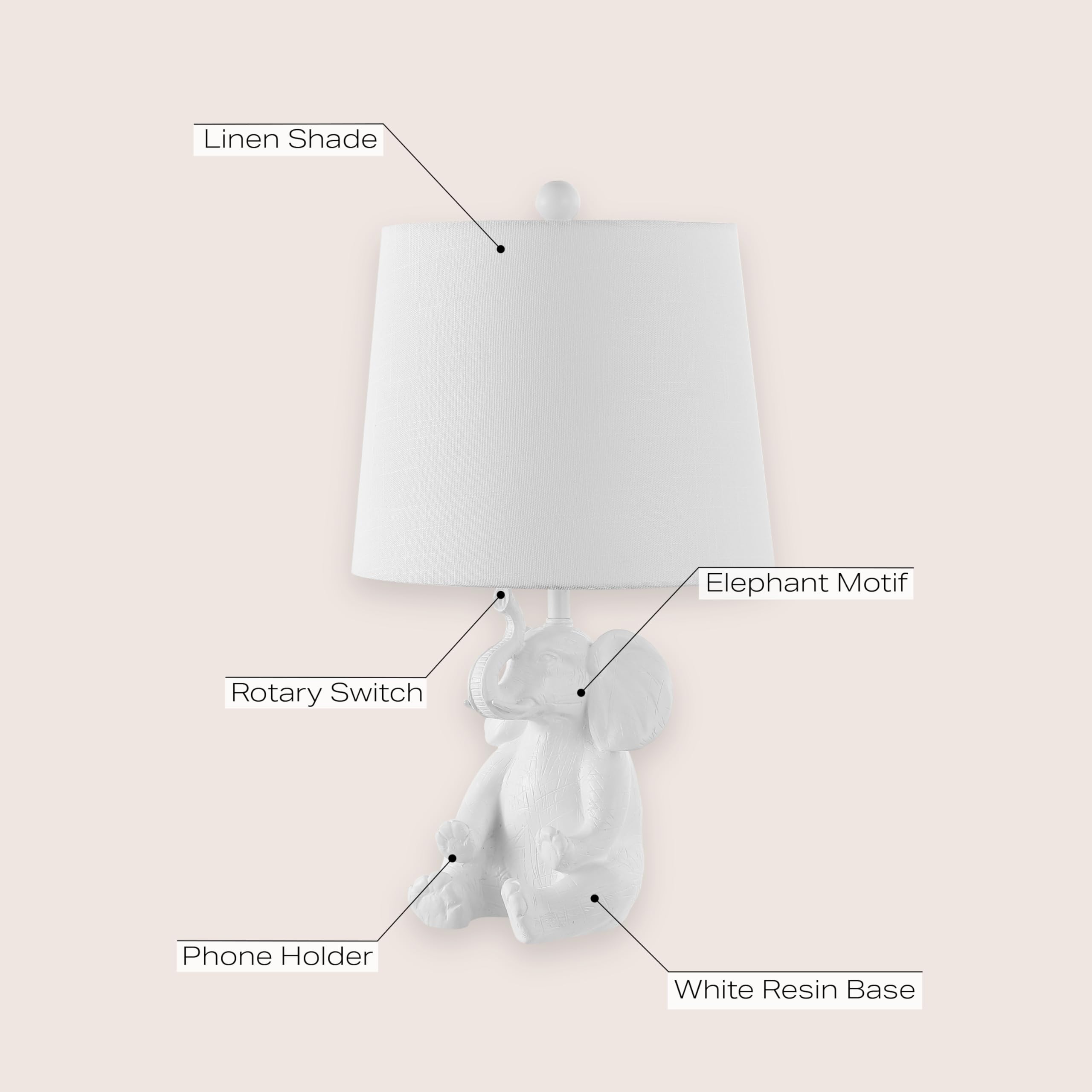 Jonathan Y Jyl4060A Kairi 21" Modern Shabby Chic Resin/Iron Happy Elephant Led Kids' Table Lamp With Phone Stand, White, For Living Room, Bedroom