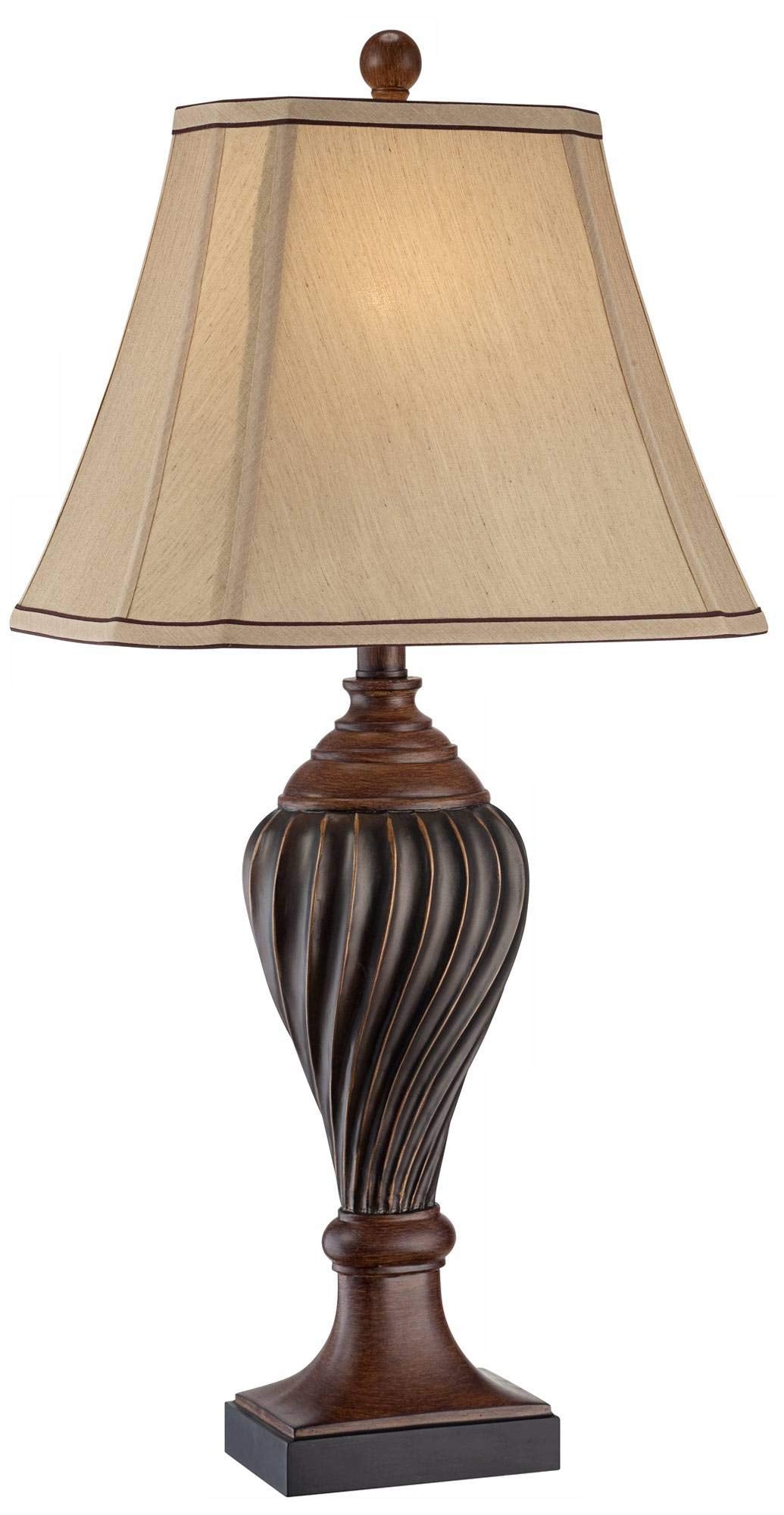 Regency Hill Traditional Style Table Lamp 28.5" Tall Carved Two Tone Brown Urn Shaped Ball Beige Fabric Rectangular Shade For Living Room Bedroom House Bedside Nightstand Home Office