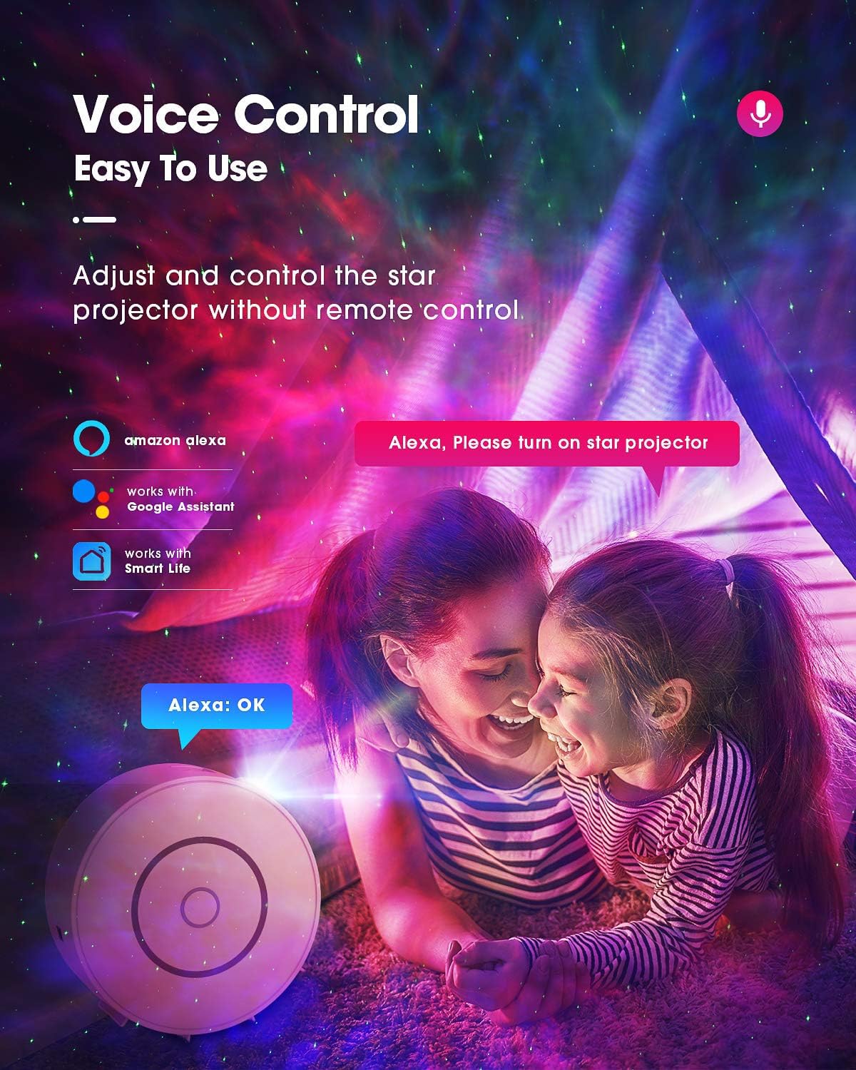 Voion Smart Galaxy Star Projector, Led Nebula Ceiling Night Light With App & Voice Control, Perfect For Gaming Rooms, Bedrooms, Home Theater, And Camp Tent, Stunning Starry Sky Effect (White)