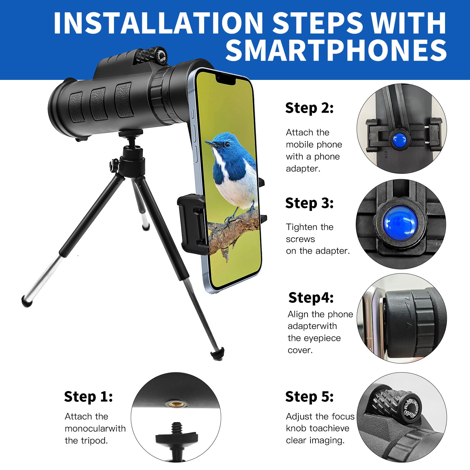 Yatime Monocular Telescope,80X100 Hd High Powered Monoculars For Adults With Smartphone Adapter Tripod,Monocular For Hunting Wildlife Bird Watching Travel Camping Hiking,Bak4 Prism Fmc Lens,Waterproof