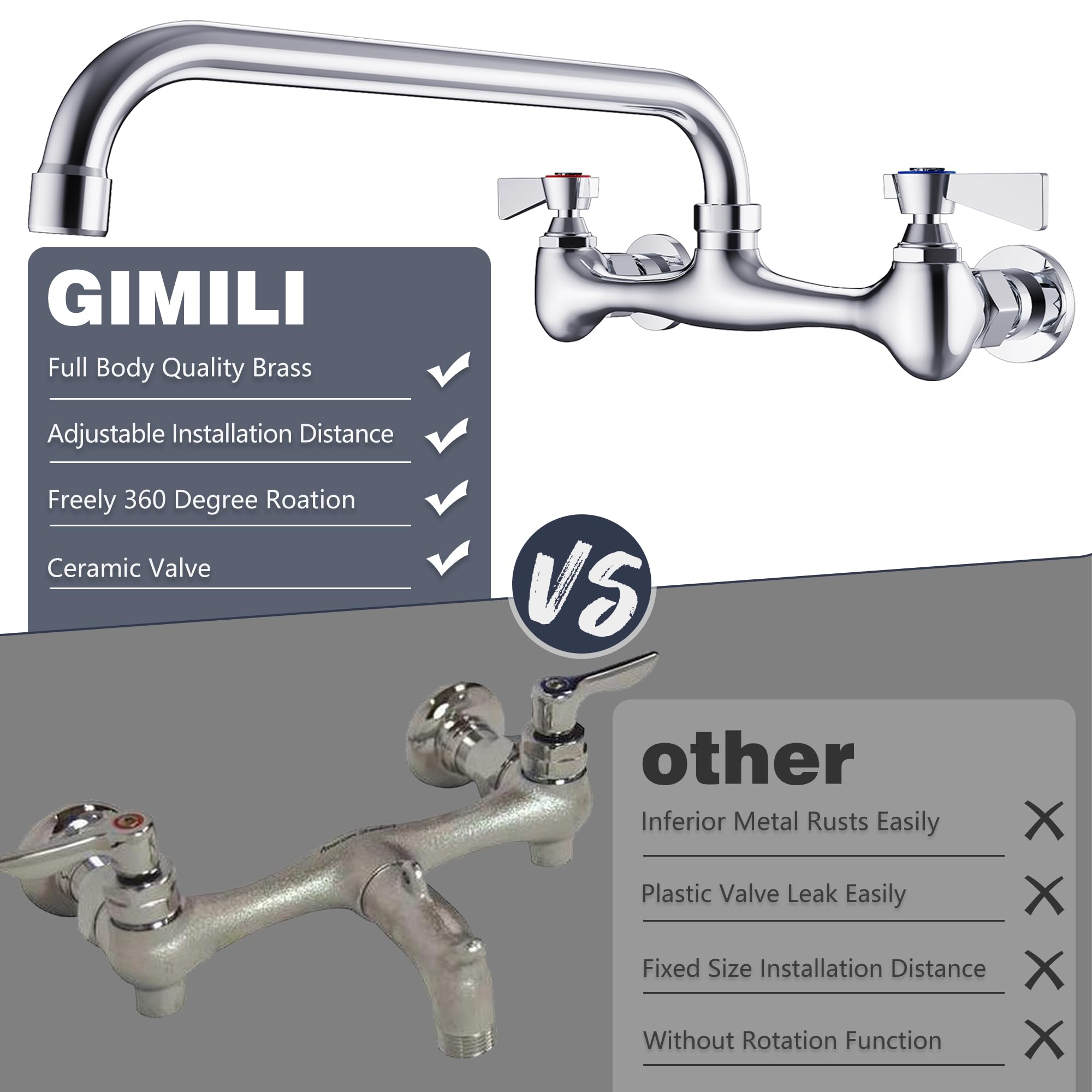 Gimili Wall Mount Commercial Sink Faucet With 12” Swivel Spout Polish Chrome Brass Utility Sink Faucet For Kitchen Laundry Restaurant Industrial Compartment Sink（Include 90 Degree Adapters）