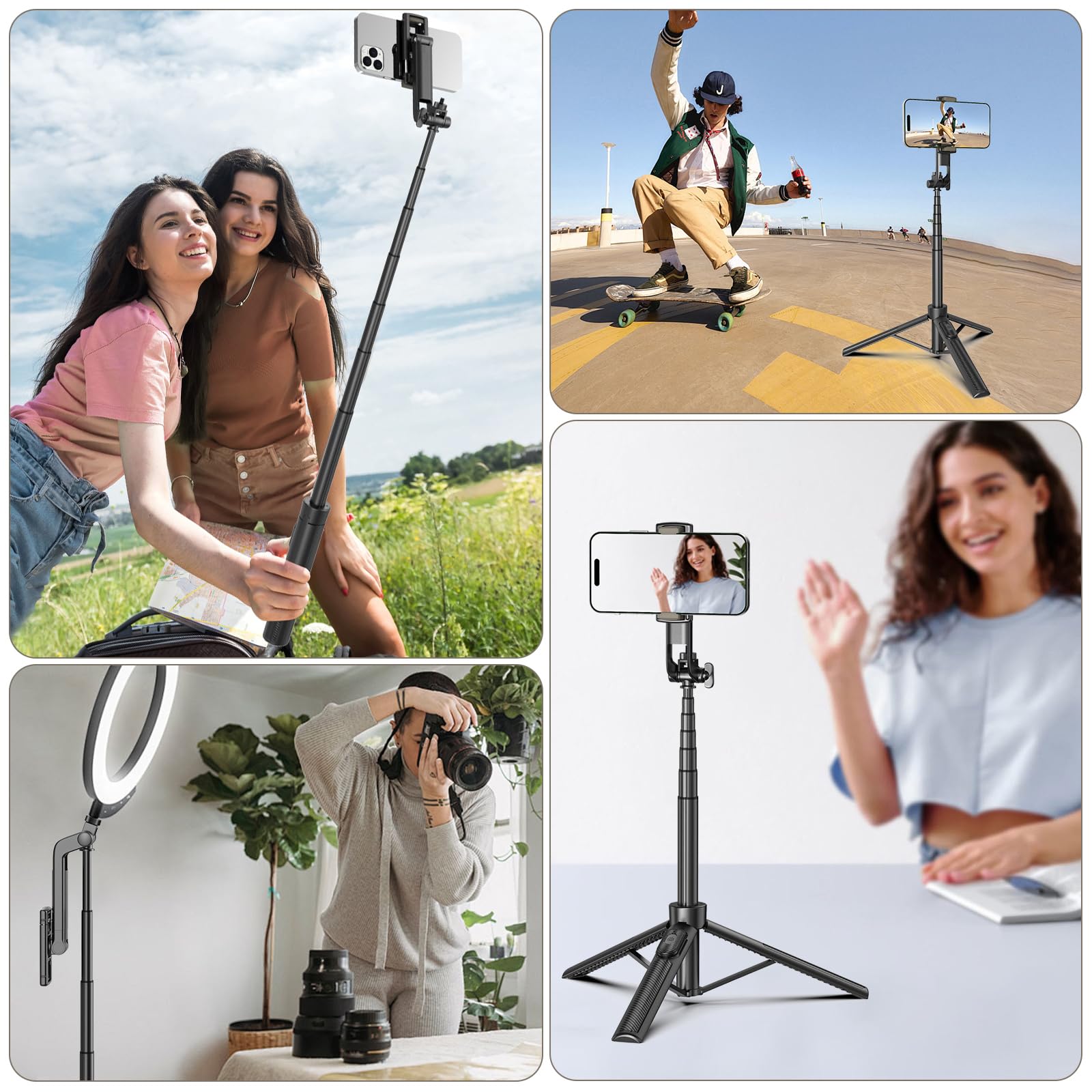 Liphisy Selfie Stick Travel Tripod For Cell Phone With Remote Control And Phone Holder, Extendable Selfie Stick For Iphone, Iphone Tripod For Video Recording, 50 Inch, Black