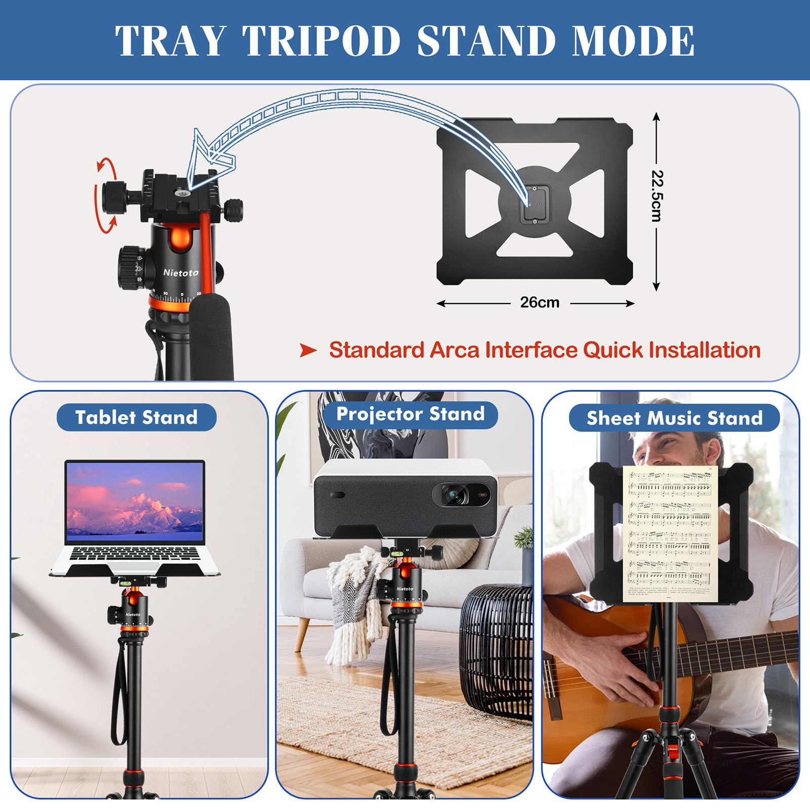 Nietoto Camera Tripods & Projector Stand, 2 In1 Tripod For Camera With Removable Metal Tray, Heavy Duty Tripod For Dslr. Projector. Sheet Music And Tablet, Extra Metal Spikes And Carry Bag.