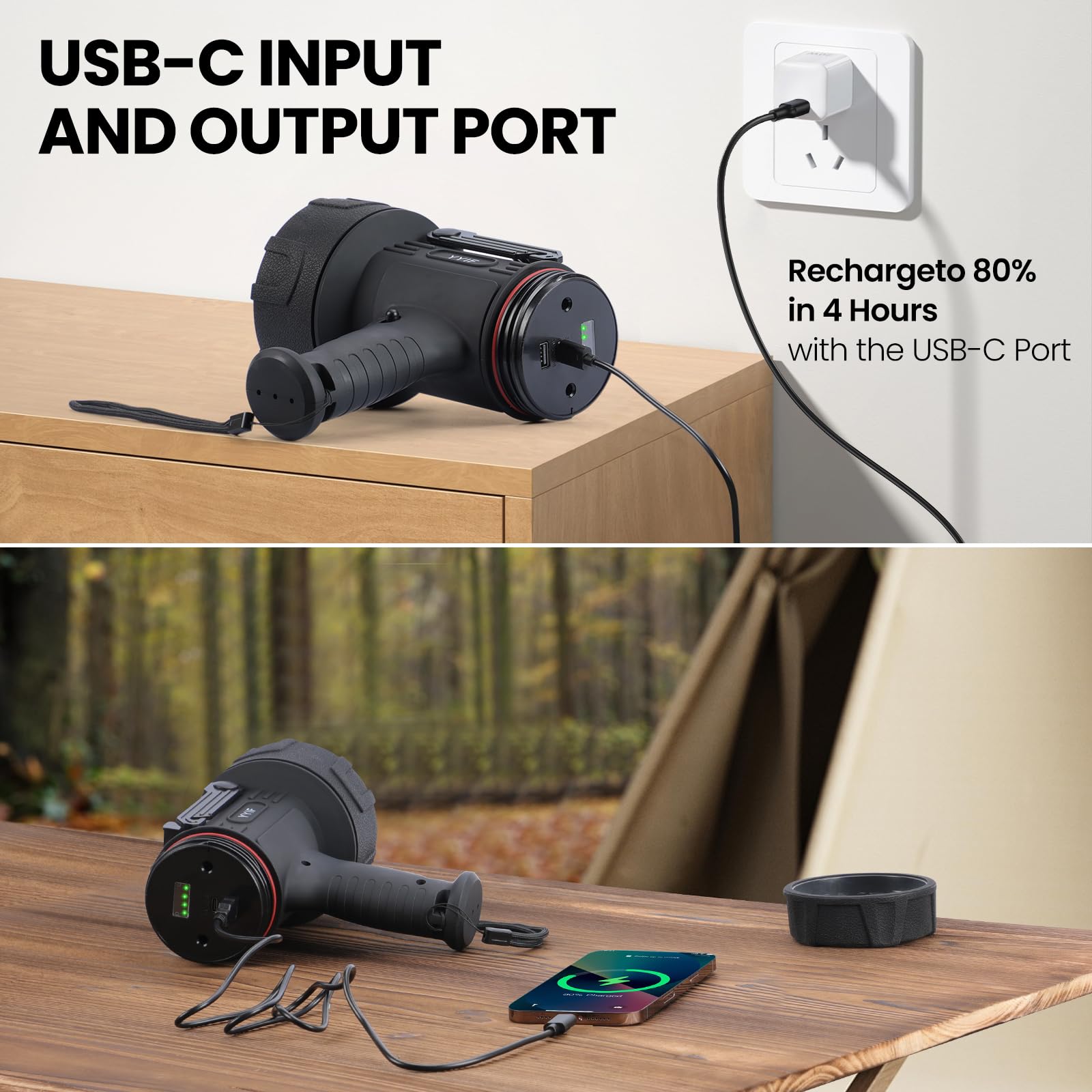 Yyif Rechargeable Spotlight 1000,000 Lumen Led, Handheld Spotlight With Cob Light Floodlight, Ipx6 Waterproof, 10000Mah 20 Hour Standbyimpact Resistant Handheld Spotlight(Black)