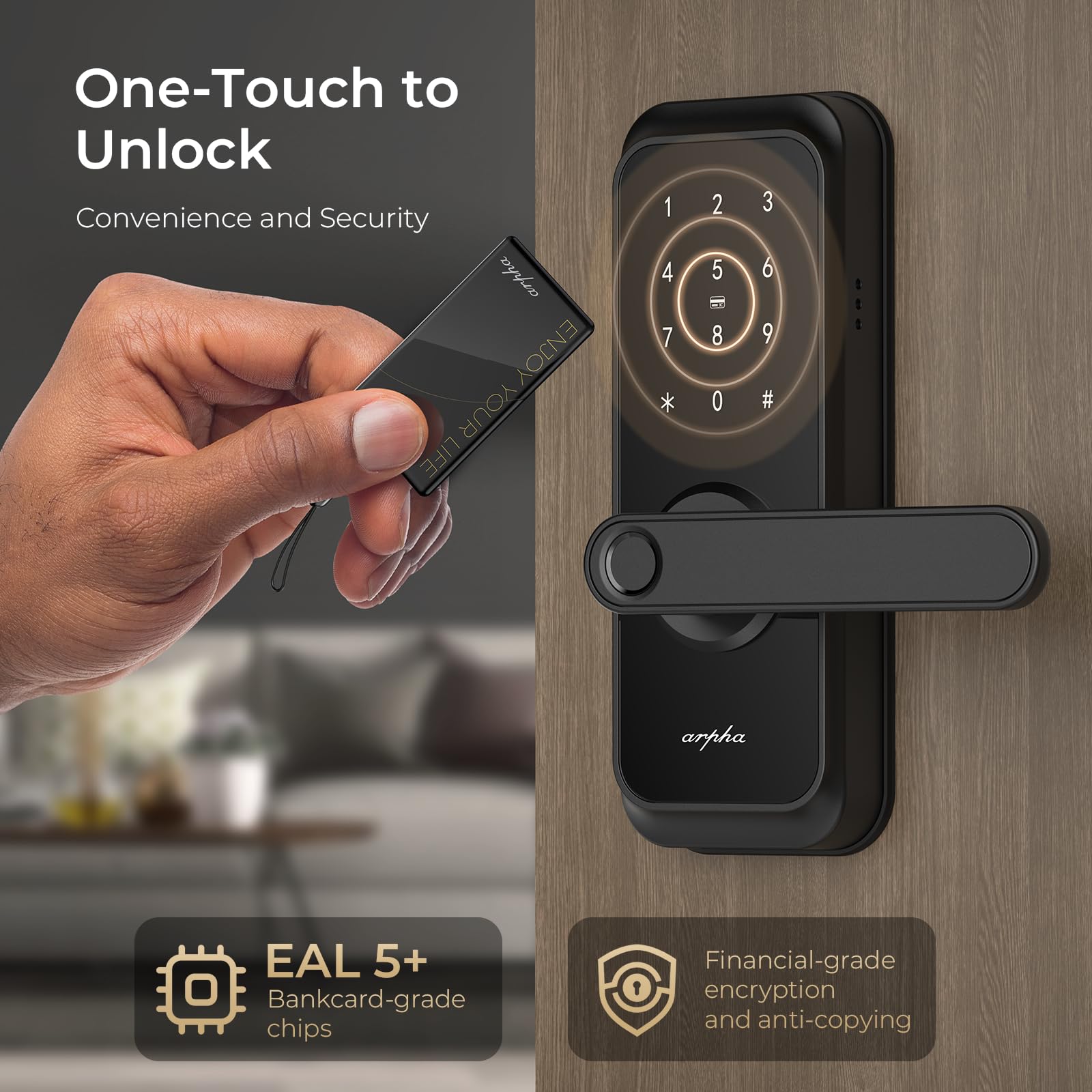 Arpha Smart Door Lock With Handle - 5-In-1 Fingerprint Keyless Entry, App Control, Keypad Deadbolt, Fob & Auto-Lock, Anti-Peep, Waterproof Ip65 For Front Door Security (Black)