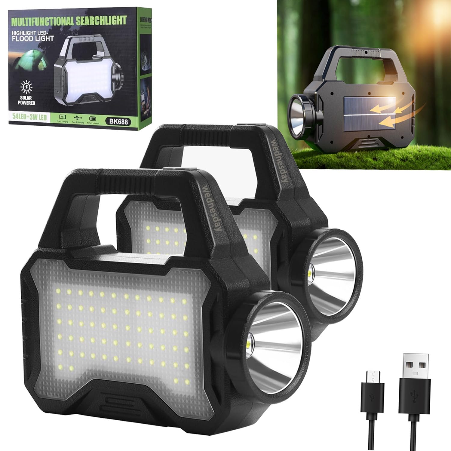 Wednesday Solar Flashlights For Emergencies,Led Solar Camping Lights,Multi-Functional Flashlights For Emergencies,Solar + Usb Dual Charging Perfect For Power Outages,Outdoor Camping,And Hiking-2Pcs