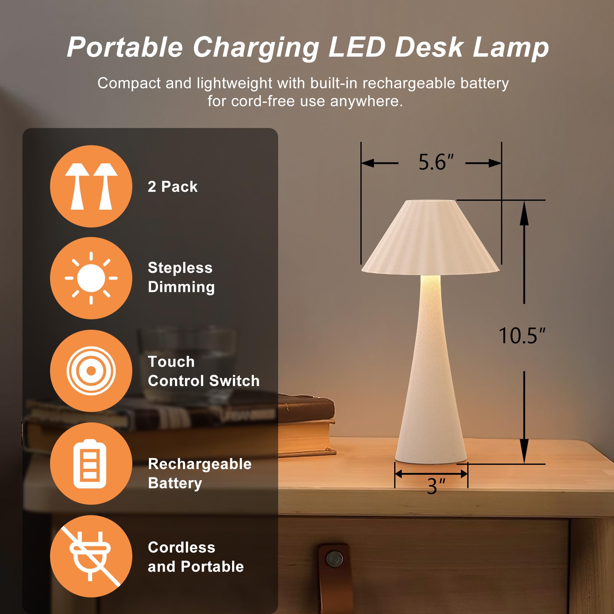 Hightry 2 Pack Cordless Table Lamps, White Portable Led Desk Lamp, 3000Mah Battery Operated Rechargeable Table Lights, Wireless Lamp With 2700K Stepless Dimming Up For Restaurant, Bars, Coffee Shop