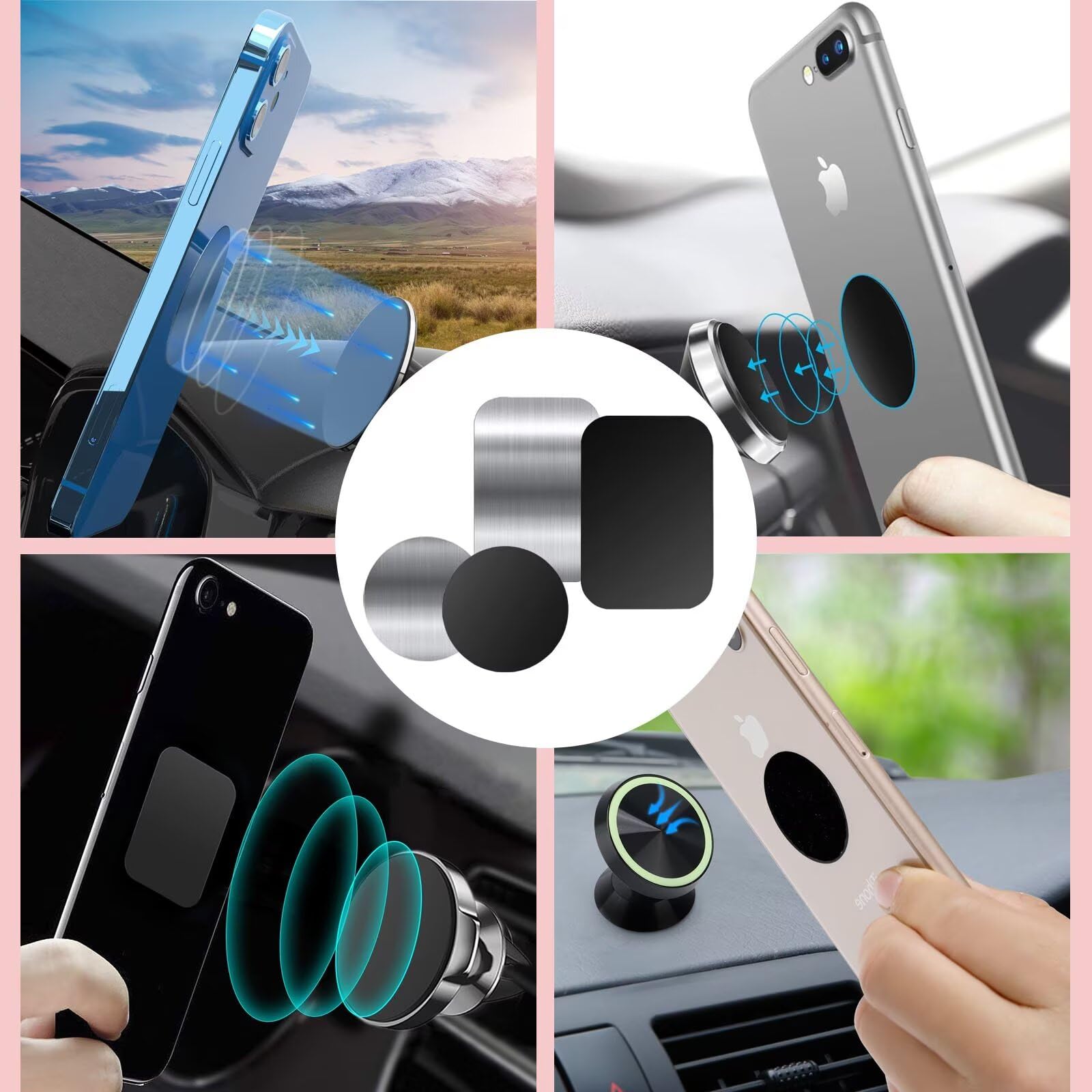 Pau1Hami1Ton Adhesive Thin Metal Plates(Compatible With Magnetic Mounts),8 Piece Metal Plates For Phone Case For Car.(4 Rectangle And 4 Round) S-07N(Black+Silver)