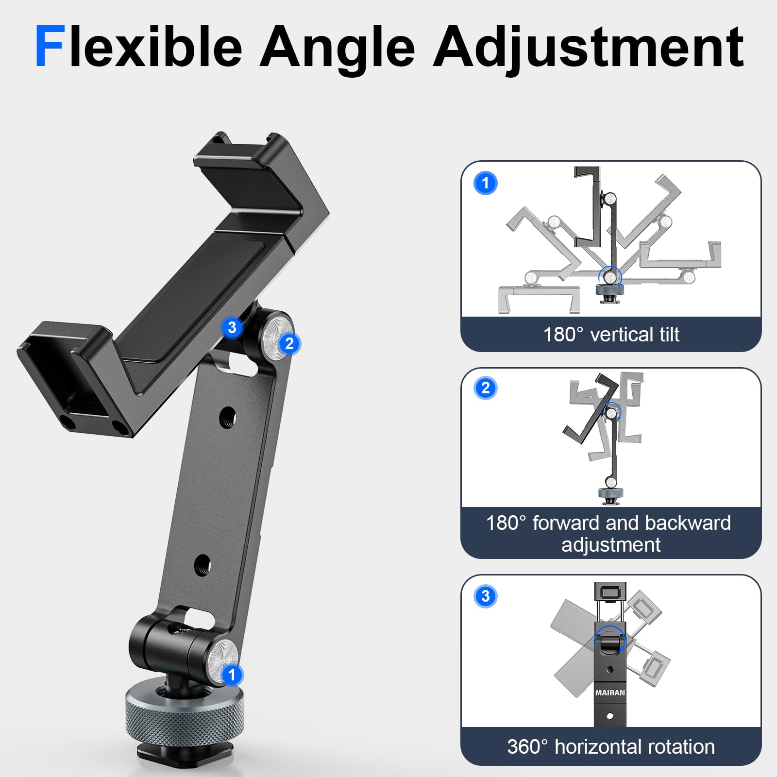 Mairan Metal Phone Tripod Mount Cell Phone Stand Holder With 3 Cold Shoes And 1/4" Screw Mounts Aluminum Smartphone Tripod Adapter With 360° Rotation 180° Tilt Angle For Desktop Tripod Video Live Streaming