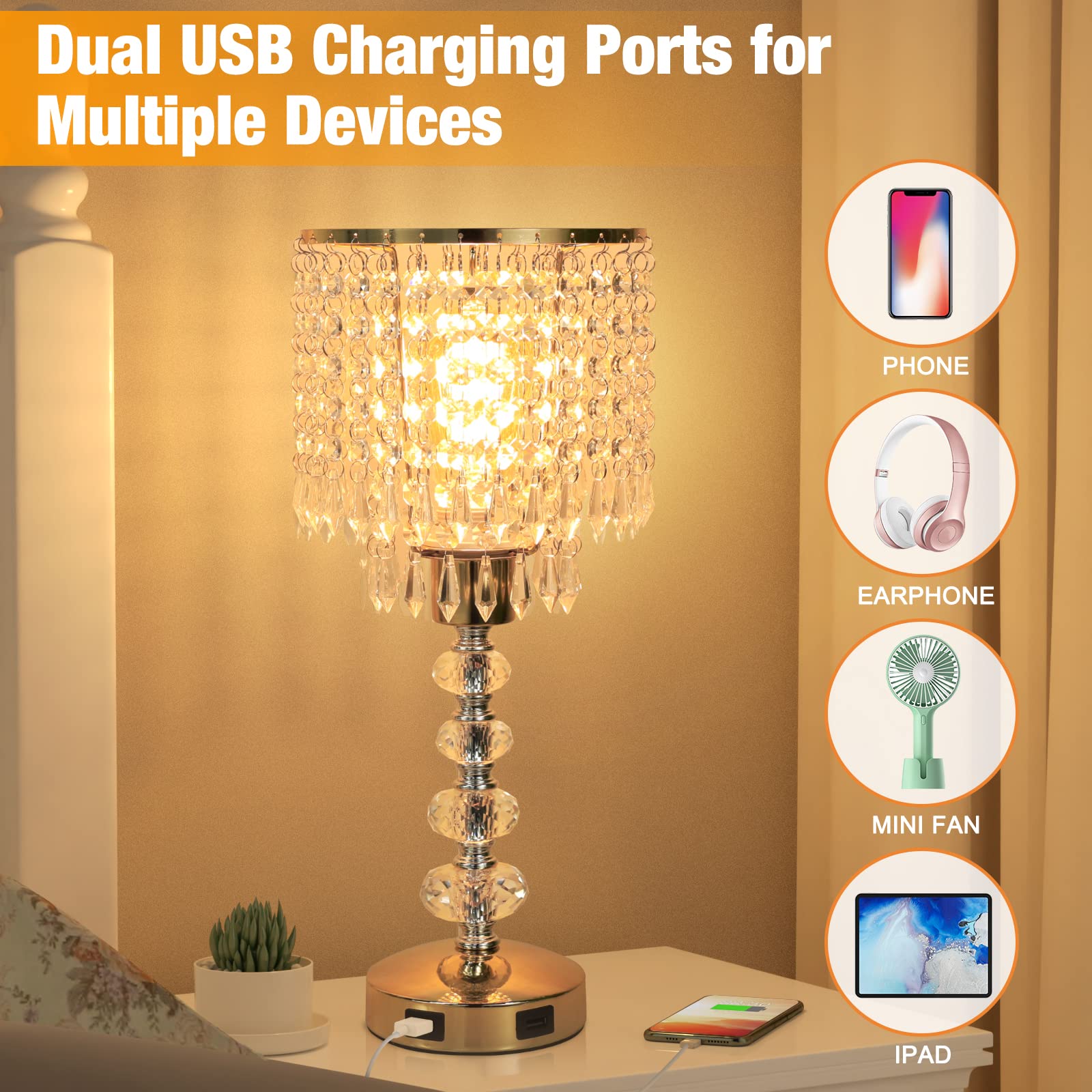 Acaxin Crystal Table Bedside Lamp Touch Control, 3-Way Dimmable Small Nightstand Lamp With 2 Usb Charging Ports, Decorative Gold Tabletop Lamp For Bedroom, Living Room And Guest Room