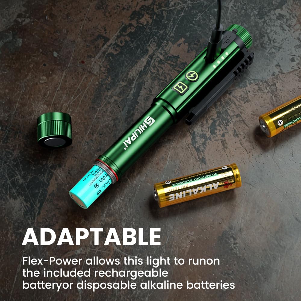 Shilipai Edc Flashlight With Work Light, Rechargeable Pocket Clip Dual Magnetic Base For Hands- Lighting, Portable Cob Led Dimmable Flashlight, Hazard Light -Green