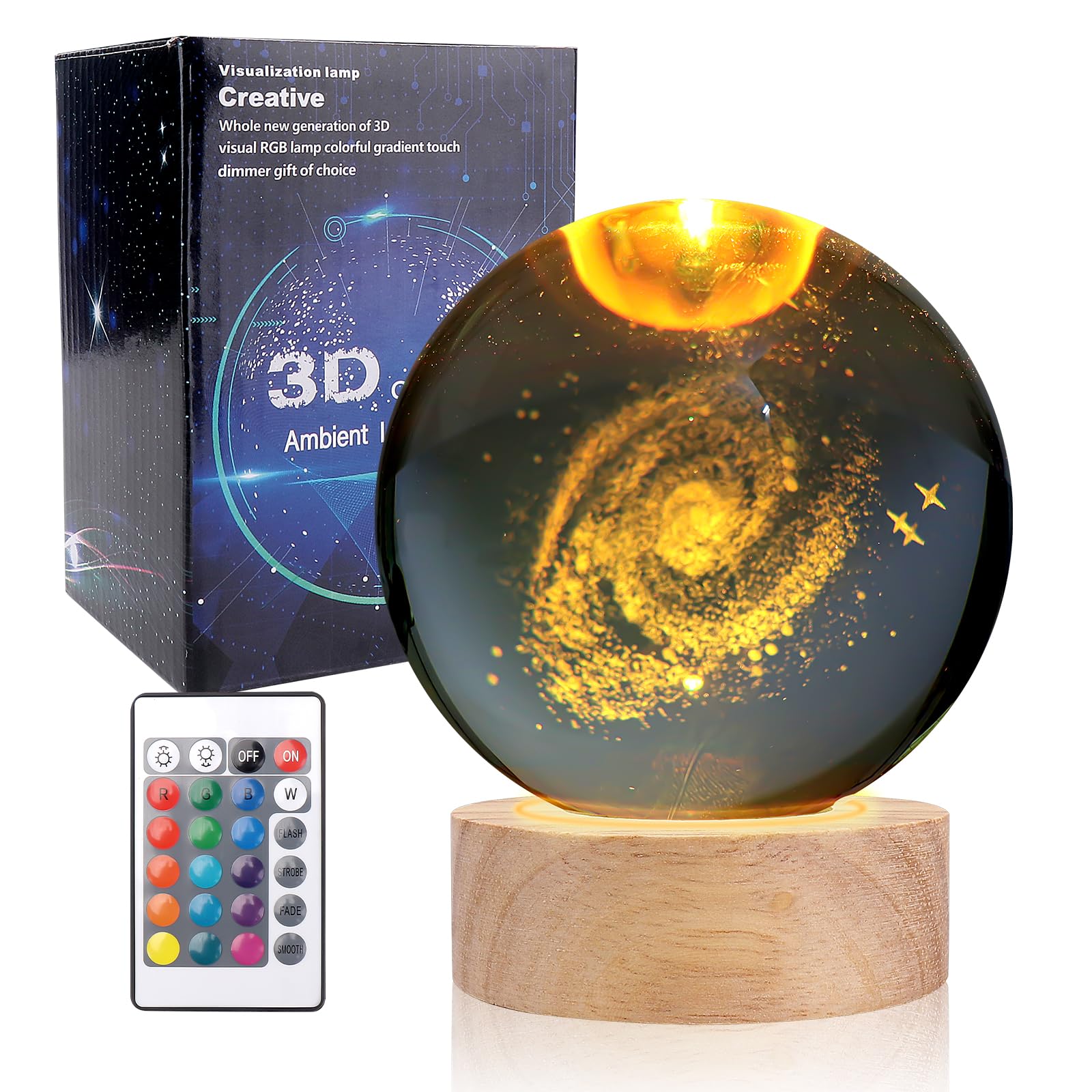 Wjnyzwbw 3D Galactic System Crystal Ball Night Light With 16 Color Led Wooden Base With Remote Control，3.15 Inch Galactic System Glass Ball，Cool Desk Decor  For Kids Girls Boys Friends Fans