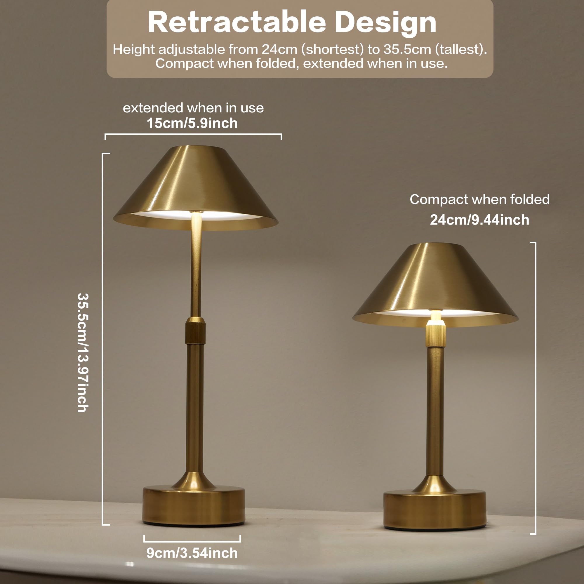 Cocugaowin Cordless Table Lamp - Rechargeable Night Light With 2000Mah Battery, Touch Control, Dimmable White/Warm/Neutral Light, Adjustable Height, Usb Charging, Ambient Led Bedside Lamp (Gold)