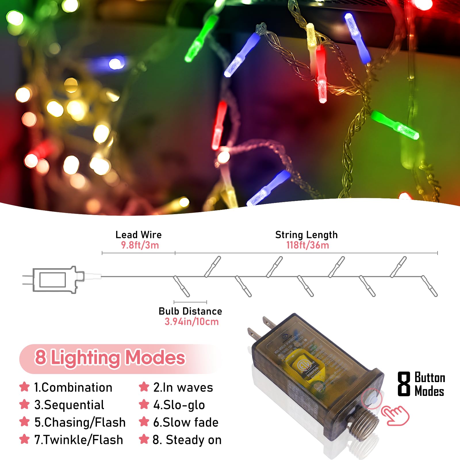 Heceltt 360 Led 118 Ft String Lights Outdoor, 8 Modes Easter Lights Plug In, Ip44 Waterproof Led String Lights With Timer And Memory For Easter Yard Party Garden Decorations (Multicolor)