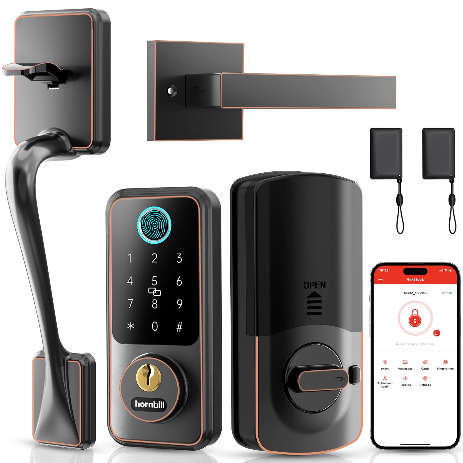 Hornbill Smart Lock Set With Keypad, Keyless Entry Deadbolt With Handle, Digital Bluetooth Door Lock For Front Door, Oil Rubbed Bronze