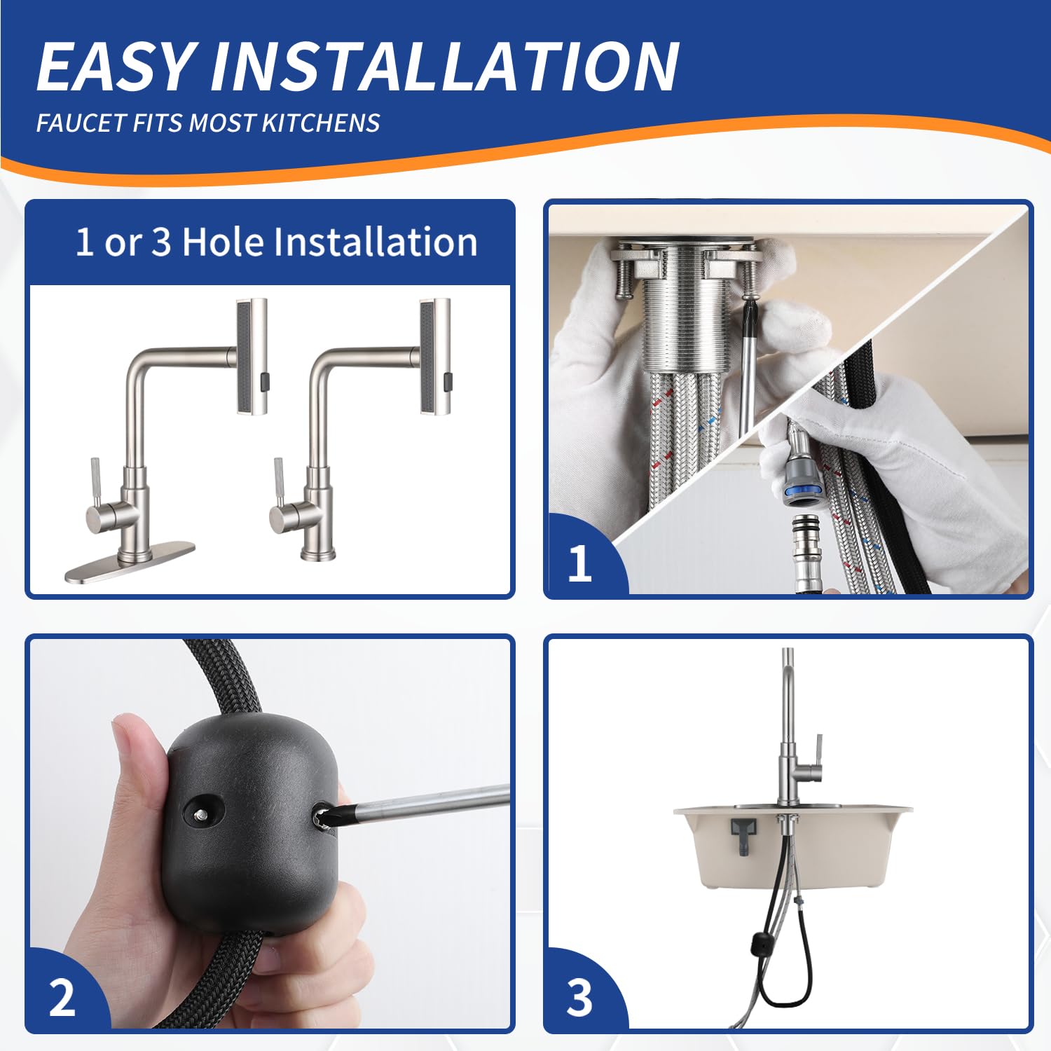 Deseegoal Waterfall Kitchen Faucets With Pull Down Sprayer, Three Function Sprayer Single Handle Sink Faucet 1 Or 3 Hole Installation, 360°Rotatable Kitchen Sink Faucet, Brushed Nickel