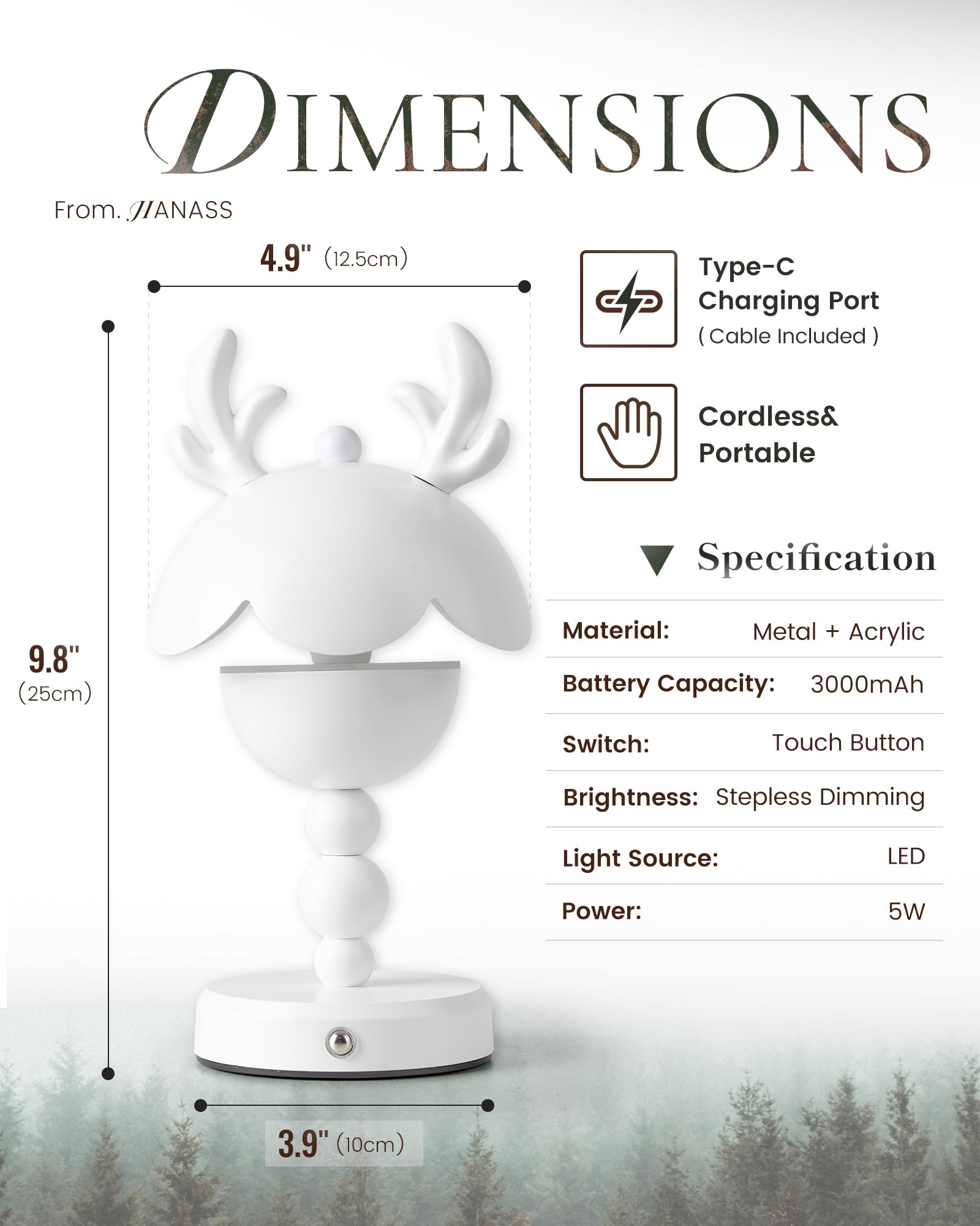 Hanass Modern White Cordless Led Table Lamp, Dimmable, Rechargeable, 5W, 9.8H X 4.9W X 4.9D, Indoor/Outdoor, Wx8808-1