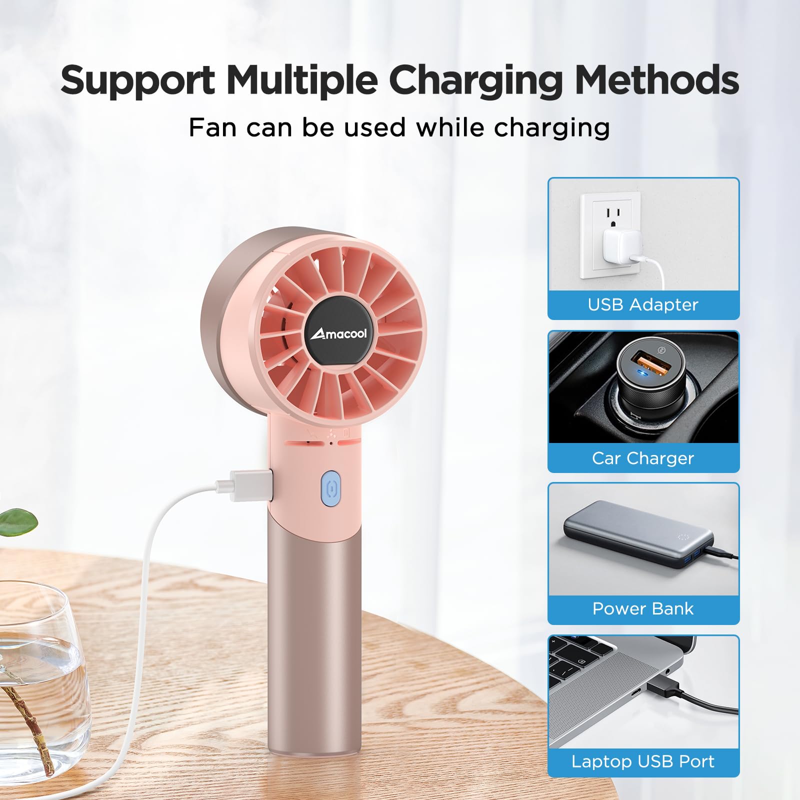 Rechargeable Amacool turbo fan, 4 speeds, 17-hour battery life, ideal for summer travel and outdoor use