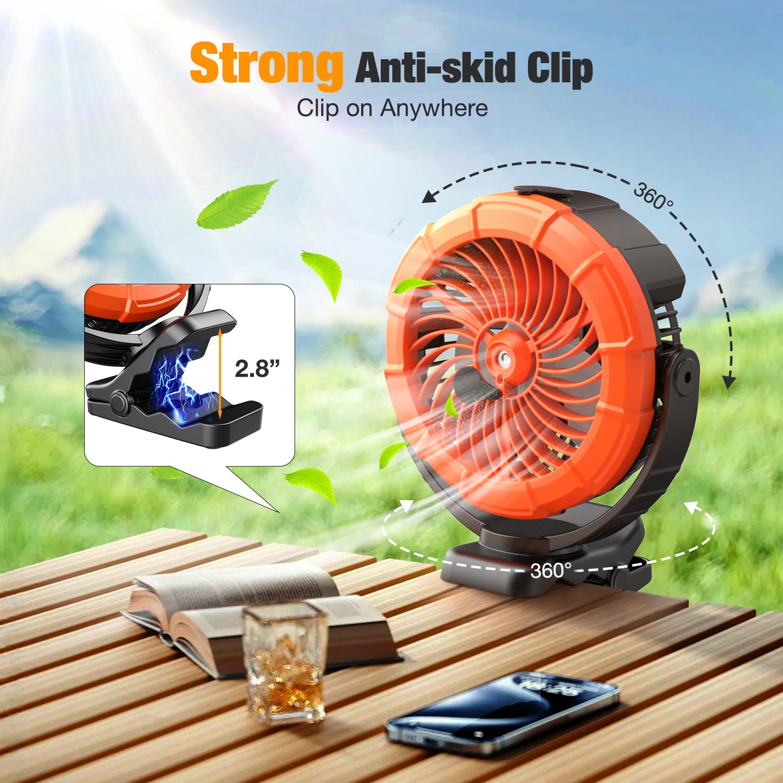 Portable Ausic clip-on misting fan, 100ml mist reservoir, 5200mAh rechargeable battery, perfect for camping and strollers