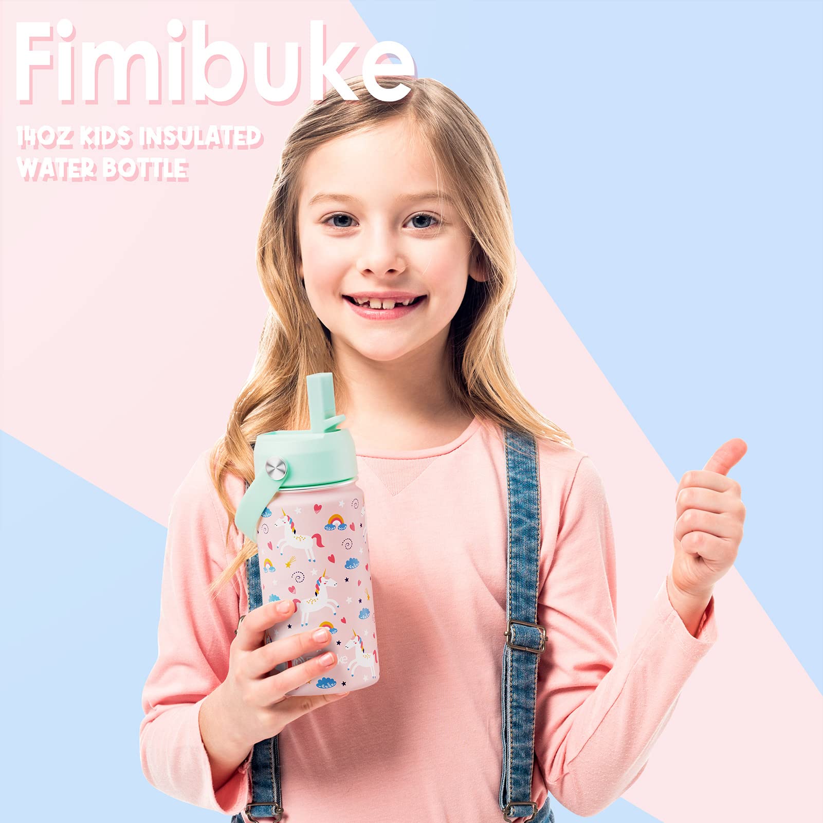 Fimibuke Kids Insulated Water Bottle, 14Oz Double Wall Vacuum Tumbler 18/8 Stainless Steel