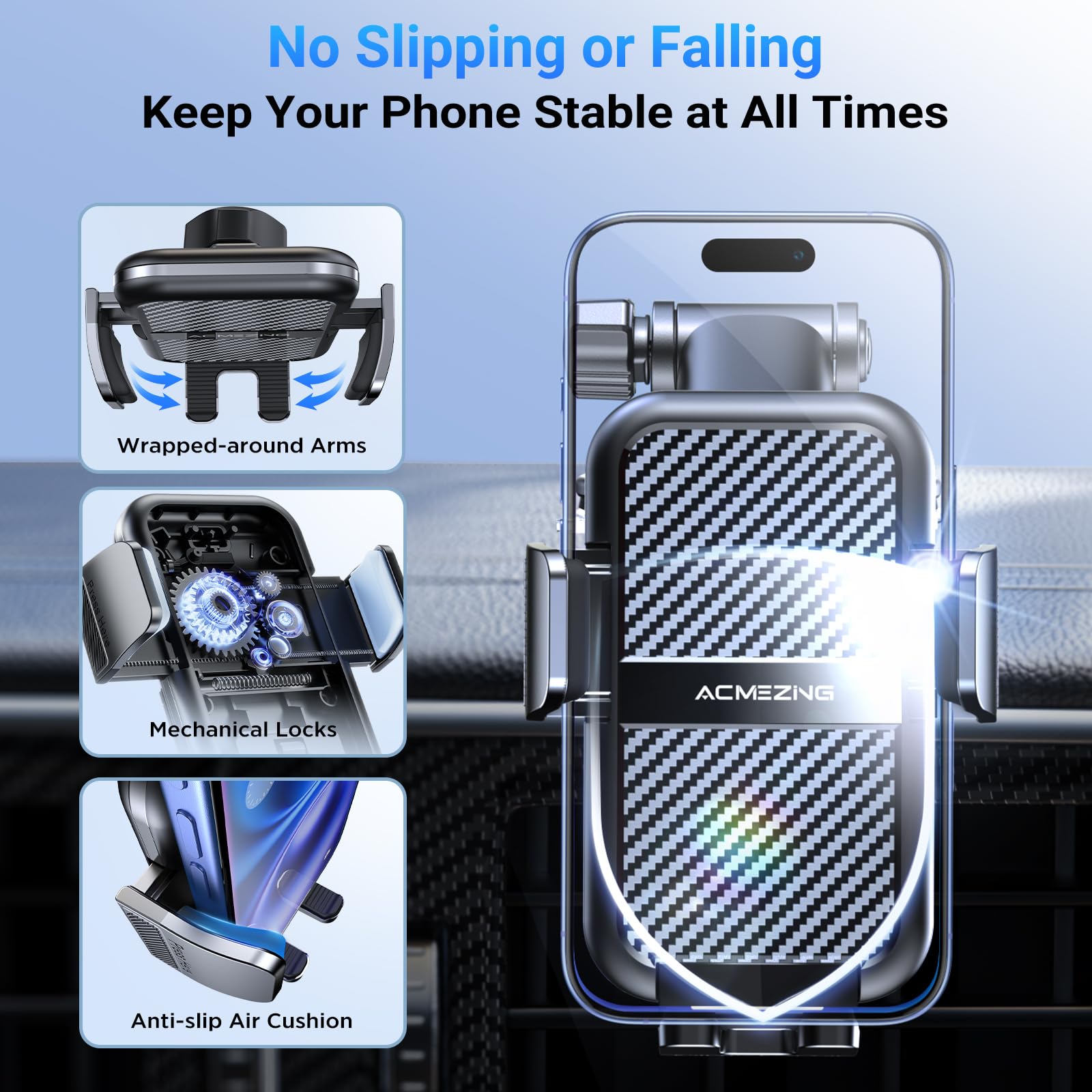 Acmezing 3-In-1 Car Phone Holder [122+Lbs Strongest Suction & Stable Clamp Arm] 360° Adjustable Car Phone Mount, Cell Phone Holders For Your Car For Dashboard Vent, All Smartphones & Car Models (Black)