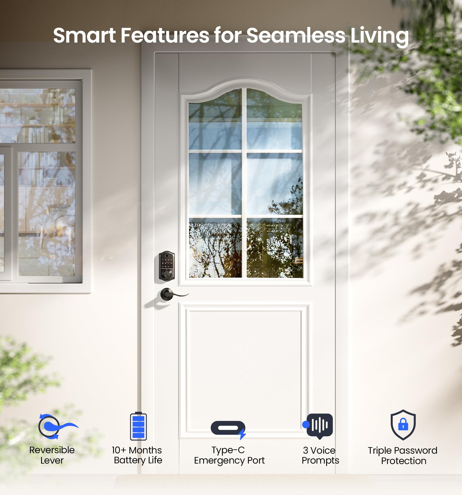 Veise Ve017-L Fingerprint Smart Lock With 2 Lever Handles, Keyless Entry Front Door Lock Set, App Control, Electronic Digital Keypad Deadbolt, Easy Installation, Emergency Power Port, Matte Black