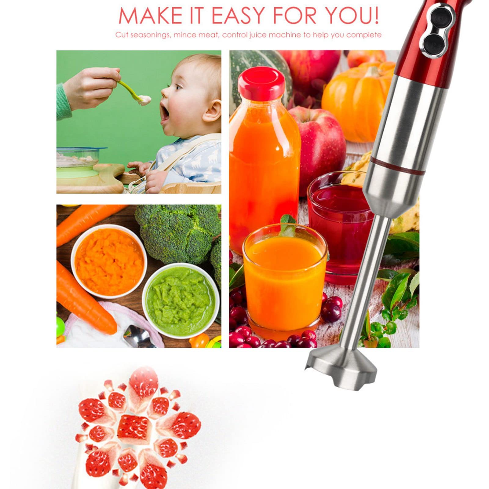 Tyenaza Stainless Steel Immersion Blender, 1000W Electric Hand Blender Detachable, Variable Speed Control, Hand Blander For Smoothie, Food, Sauces Red,Puree, Soup