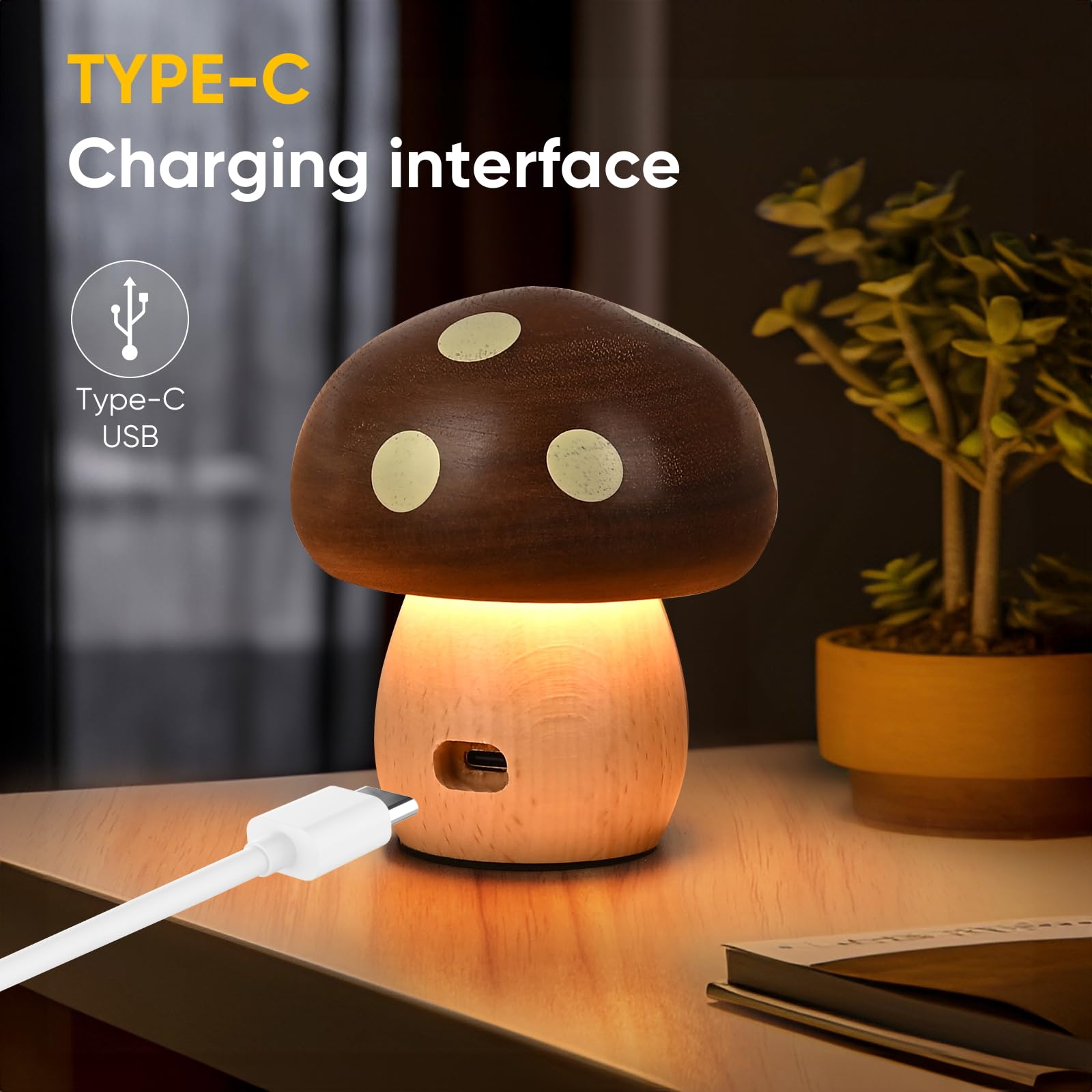 Lonrisway Led Wooden Mushroom Lamp, Rechargeable Battery Operated Portable Cordless Touch Switch Small Lamp, Stepless Dimming Night Light For Birthday