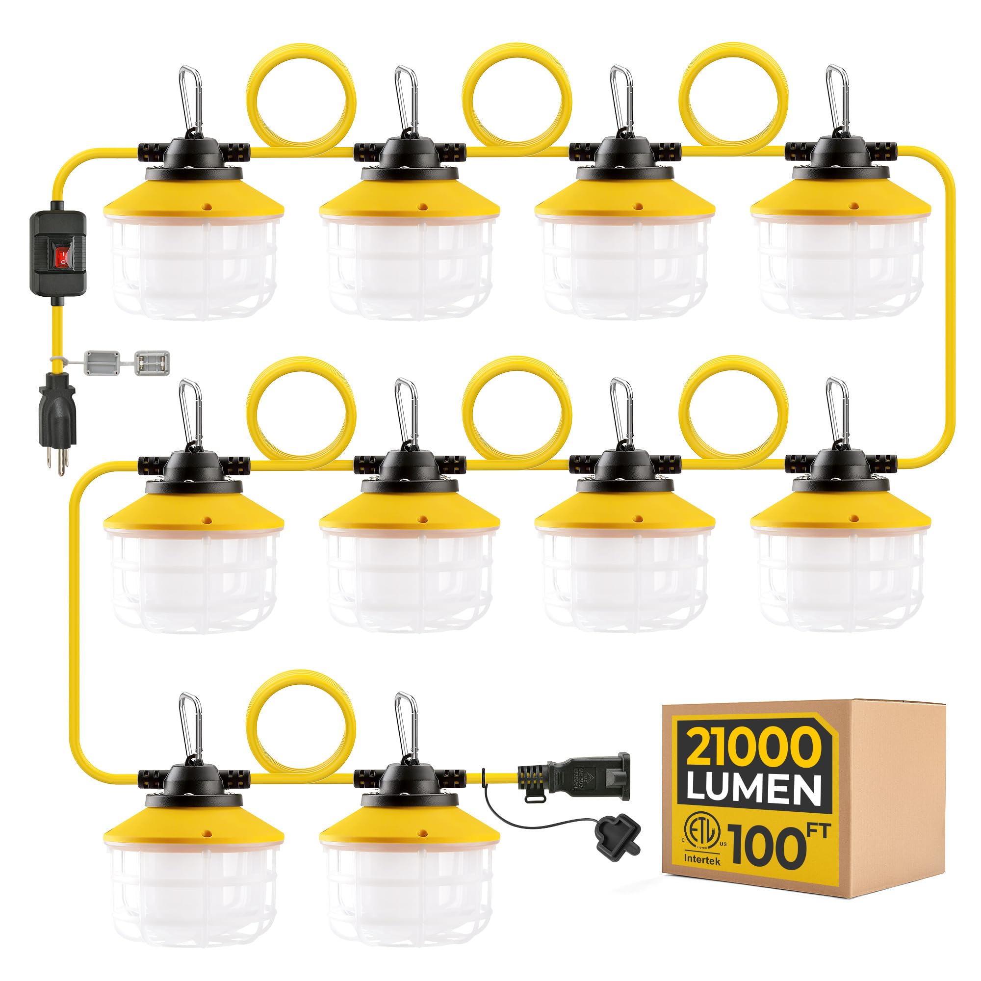 Hyanglux Outdoor Construction Led String Lights With Switch: 3 Prong 100Ft 150W 21000Lm Etl  Bright Industrial Temporary Lighting Hanging Ip65 Waterproof Work Light For Attic Jobsite Garage