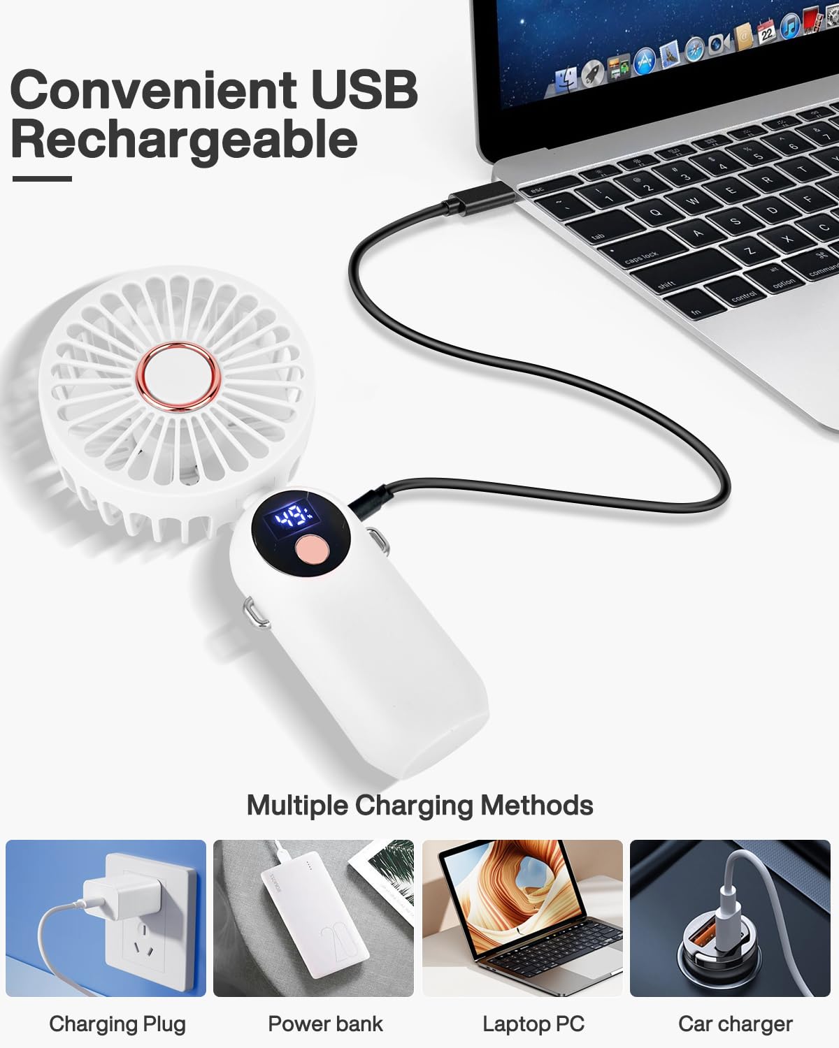 Handheld Fan, White Portable Fan Mini Desk Fan 90 Degrees Foldable 5 Speeds Standing With Base