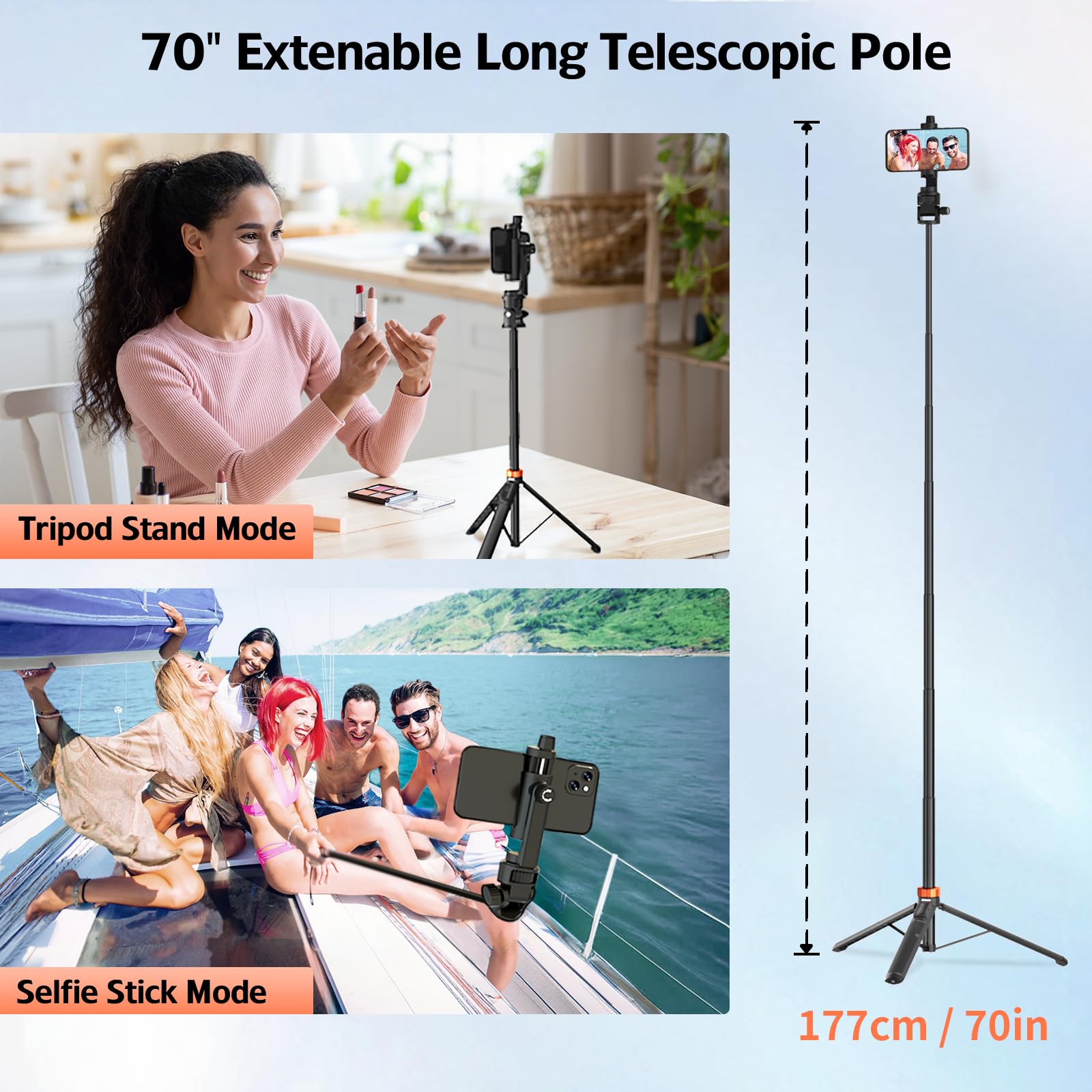 Jishane 70" Phone Tripod & Selfie Stick, Extendable Cell Phone Tripod Stand With Wireless Remote And Phone Holder, Compatible With All Phones, Cameras