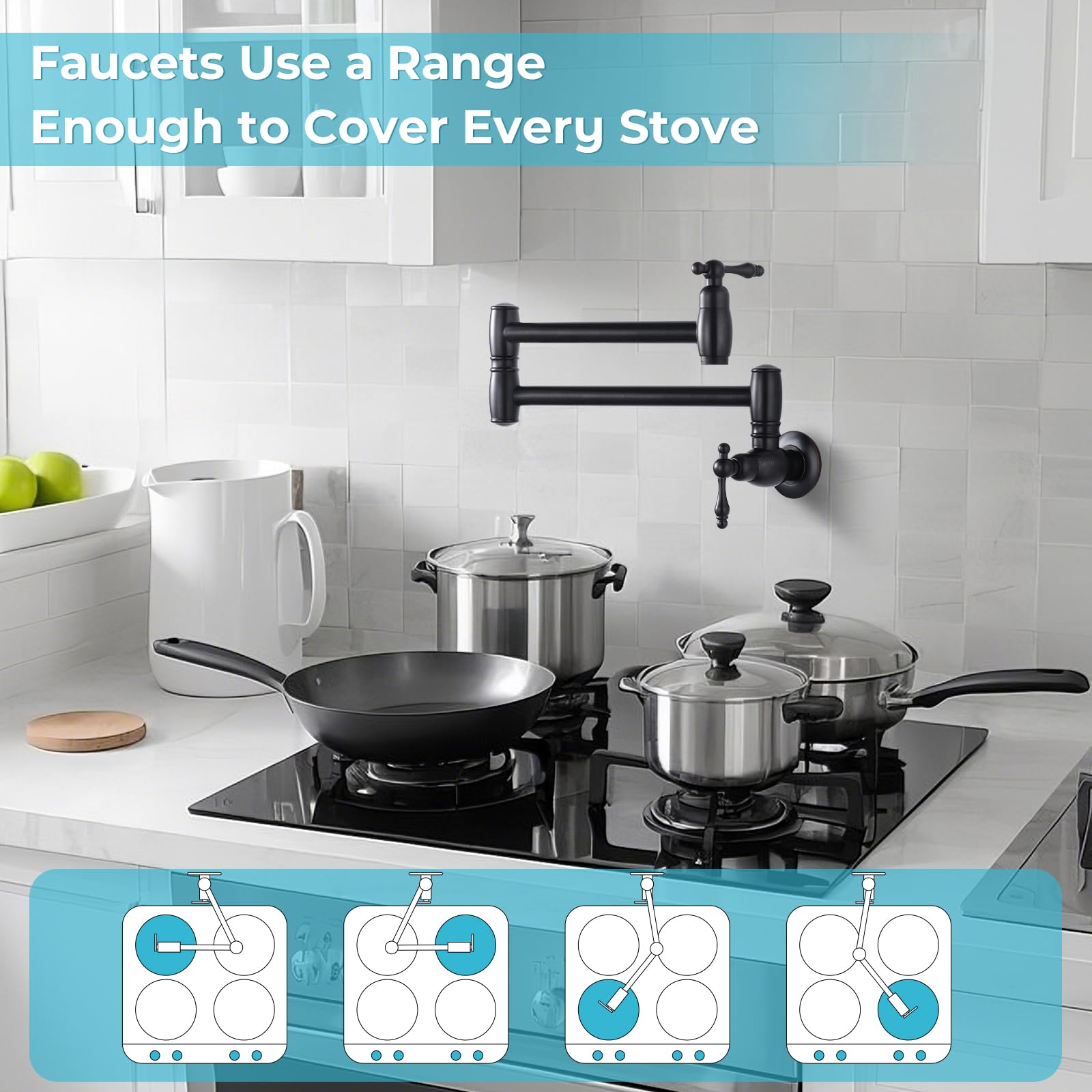 Aklfgn Akl Pot Filler Faucet, Oil Rubbed Bronze Wall Mount Kitchen Sink Pot Filler Faucet, Commercial Folding Kitchen Faucets, 2 Handle With Double Joint Swing Arms Brass Stove