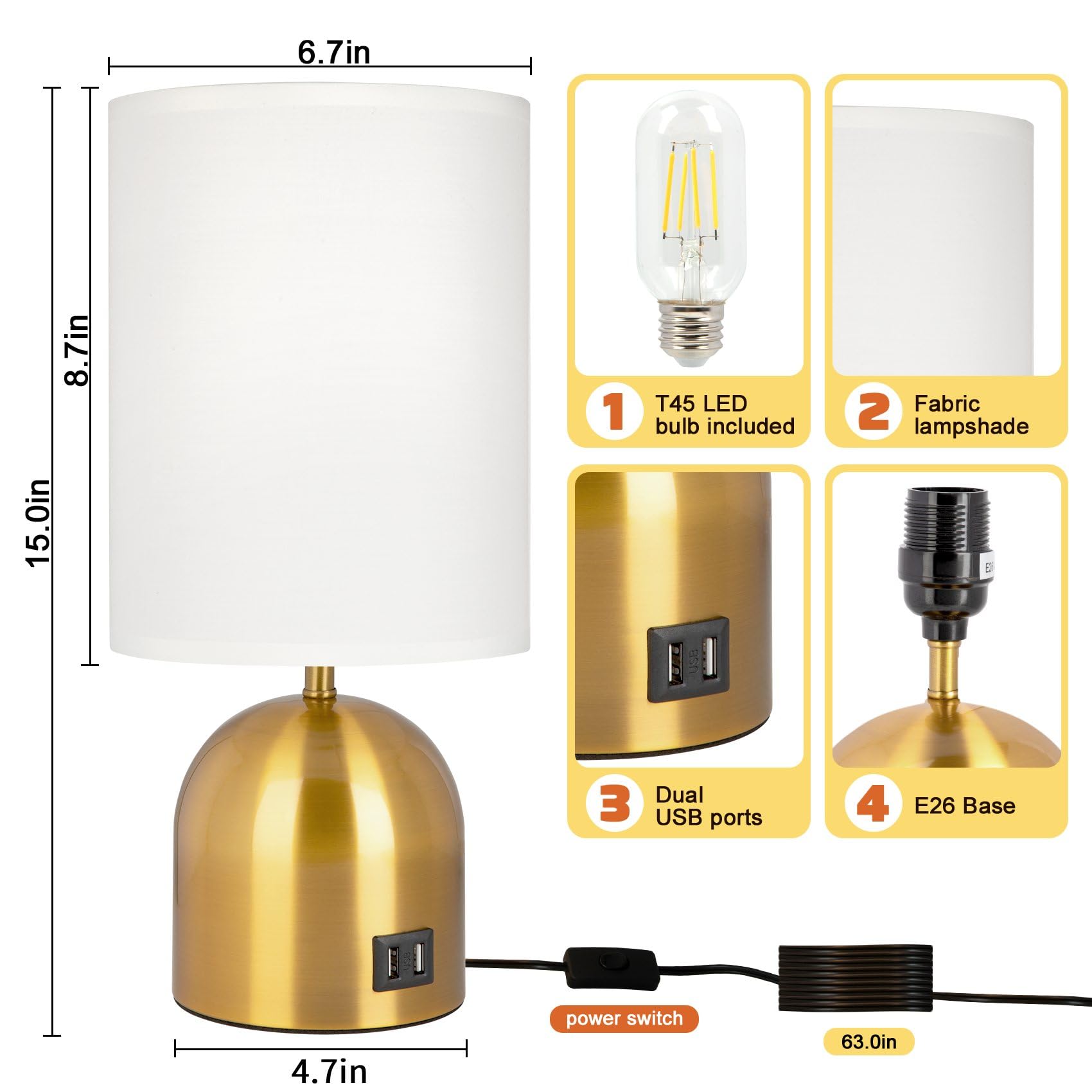 Yacoto Touch Control Table Lamp For Bedroom, 3 Way Dimmable Modern Gold Bedside Lamps With 2 Usb Charging Ports With Metal Base Fabric Shade For Nightstand, Living Room, Home Office(Bulb Included)