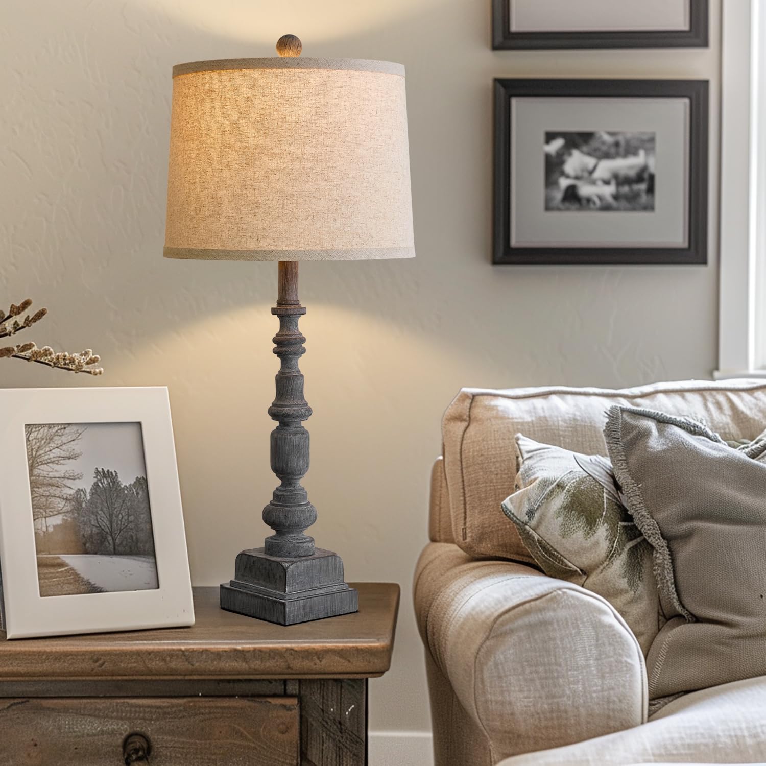 Oneach 27.75" Single Table Lamp For Living Room, Farmhouse Bedside Lamps With Dual Usb Port For Bedroom Kids Room Dorm Office, Rustic Lamps For End Table Nigntstand Resin
