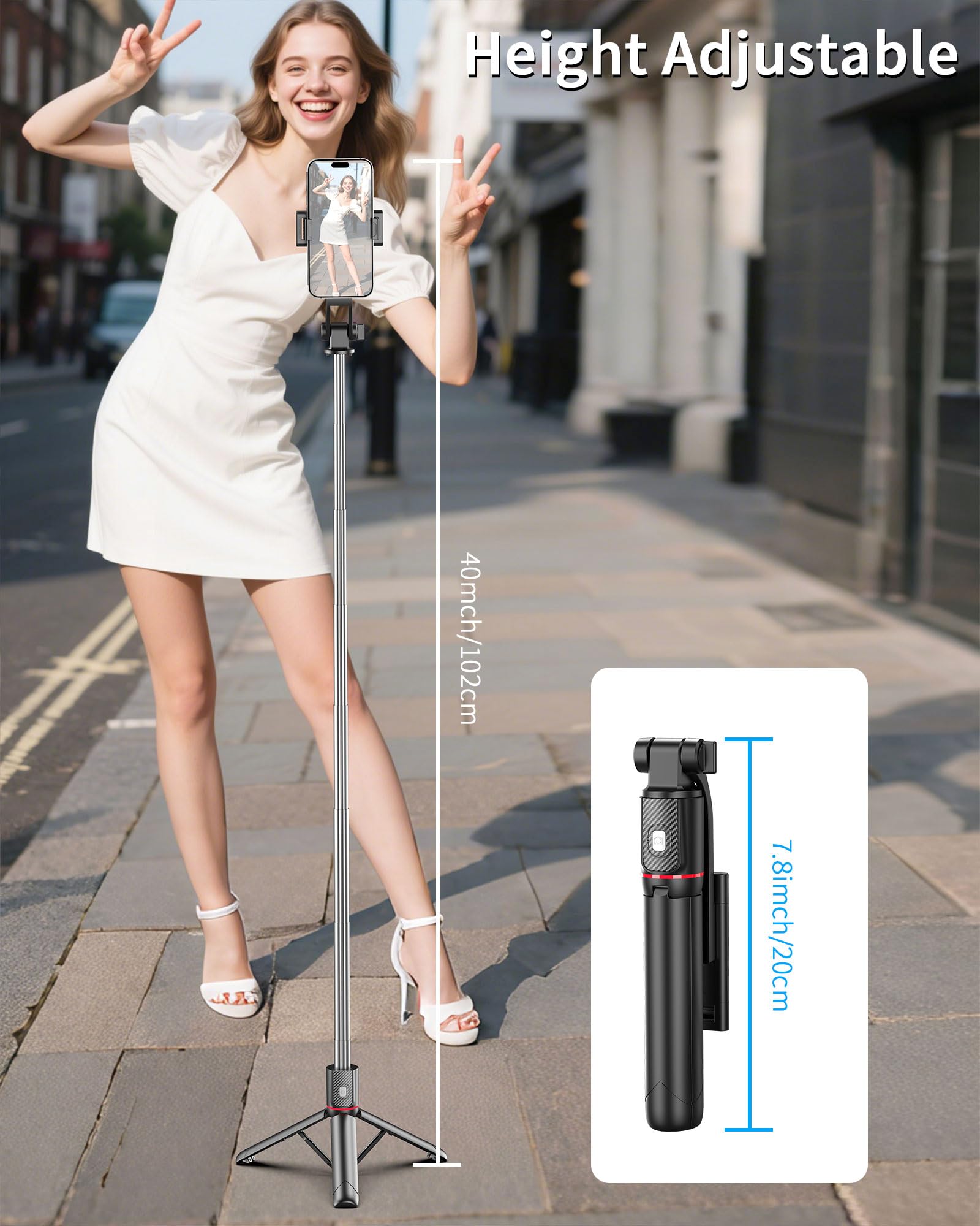 Fashion 40'' Selfie Stick Tripod, Cell Phone Tripod With Integrated Wireless Remote, Portable Selfie Stick For Iphone Video Recording, Lightweight Extendable Phone Stand For Iphone Android