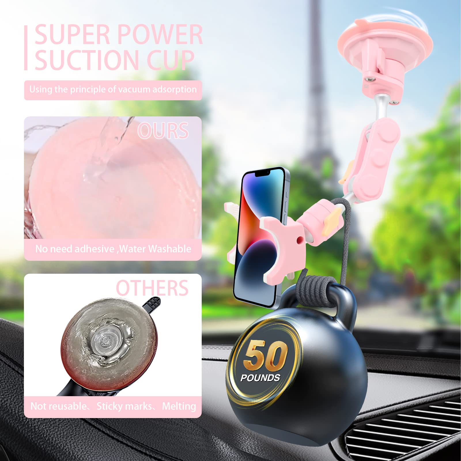 Rednow Suction Cup Phone Mount 360 Rotating Universal Ball Head Arm For Car Dashboard Windshield Vehicle Sunroof (1PcPink)