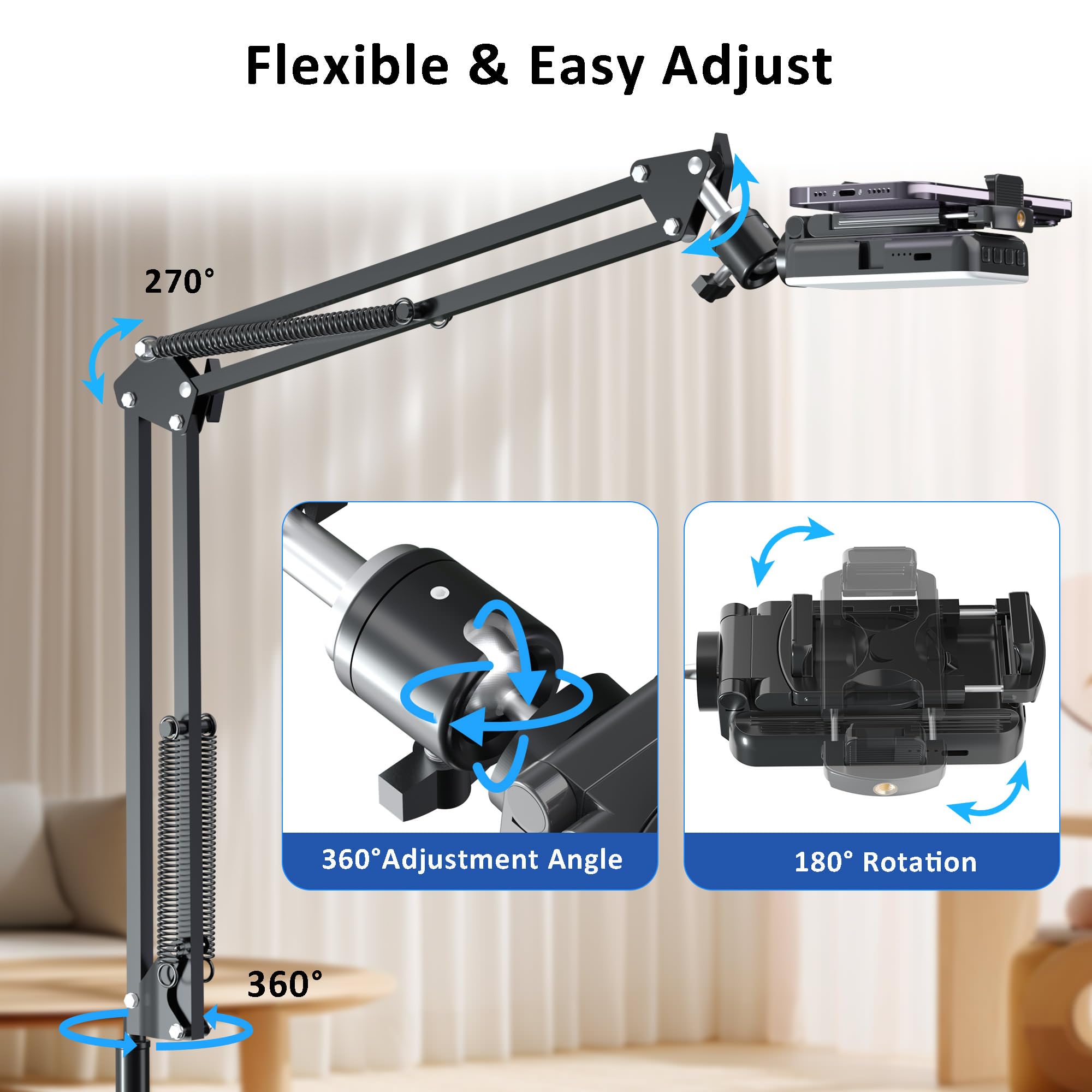 Mionondi Overhead Phone Tripod For Cooking Videos With Rechargeable Light, Move Around Floor Phone Stand With Ring Light Content Creator Video Recording Selfie Photography Tiktok Youtube Compatible With Iphone