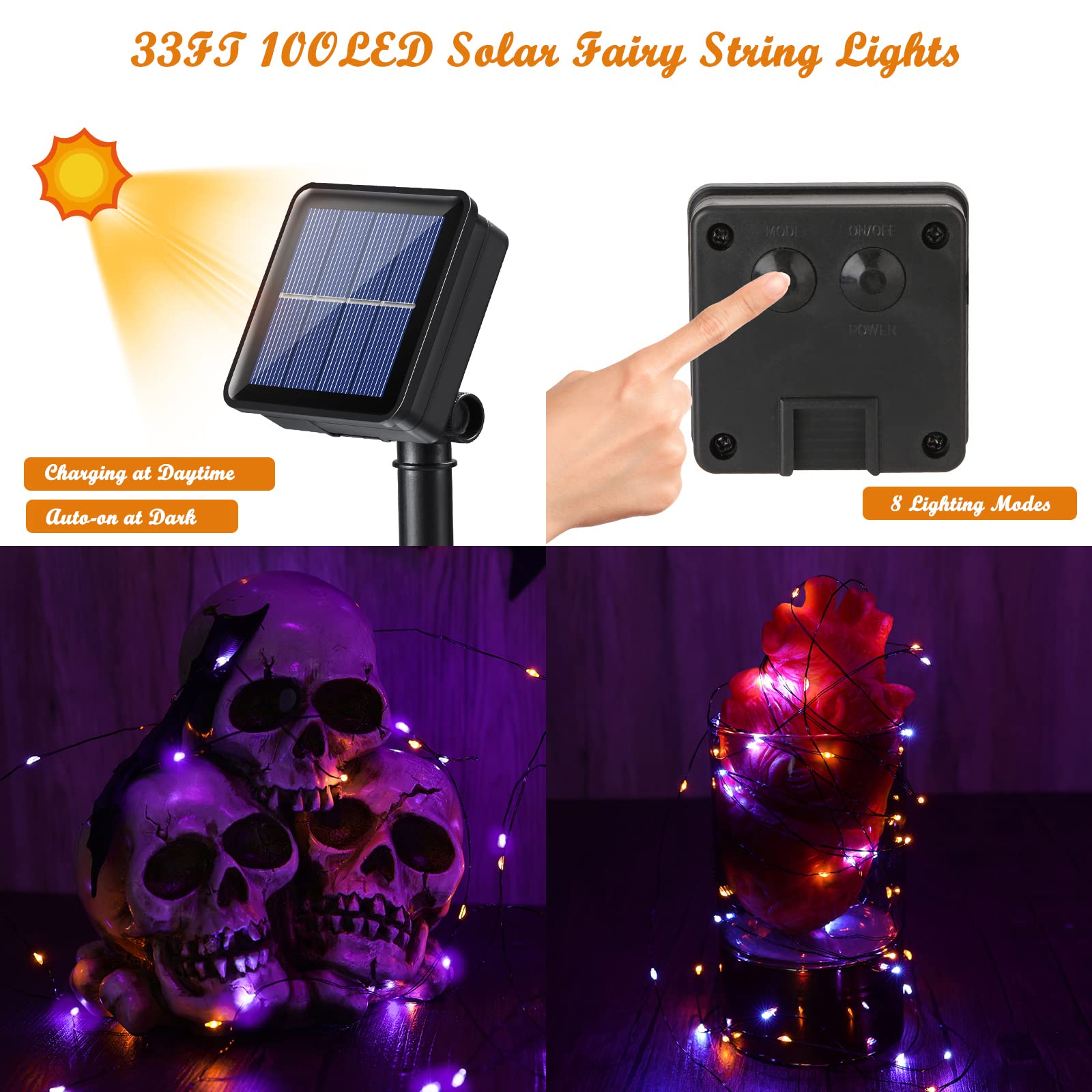 Lomotech 2 Pack Solar Lights, 33Ft 100Led Orange Purple Twinkle Fairy Lights Waterproof 8 Modes Outdoor For Halloween Party Diy Decoration Black Wire