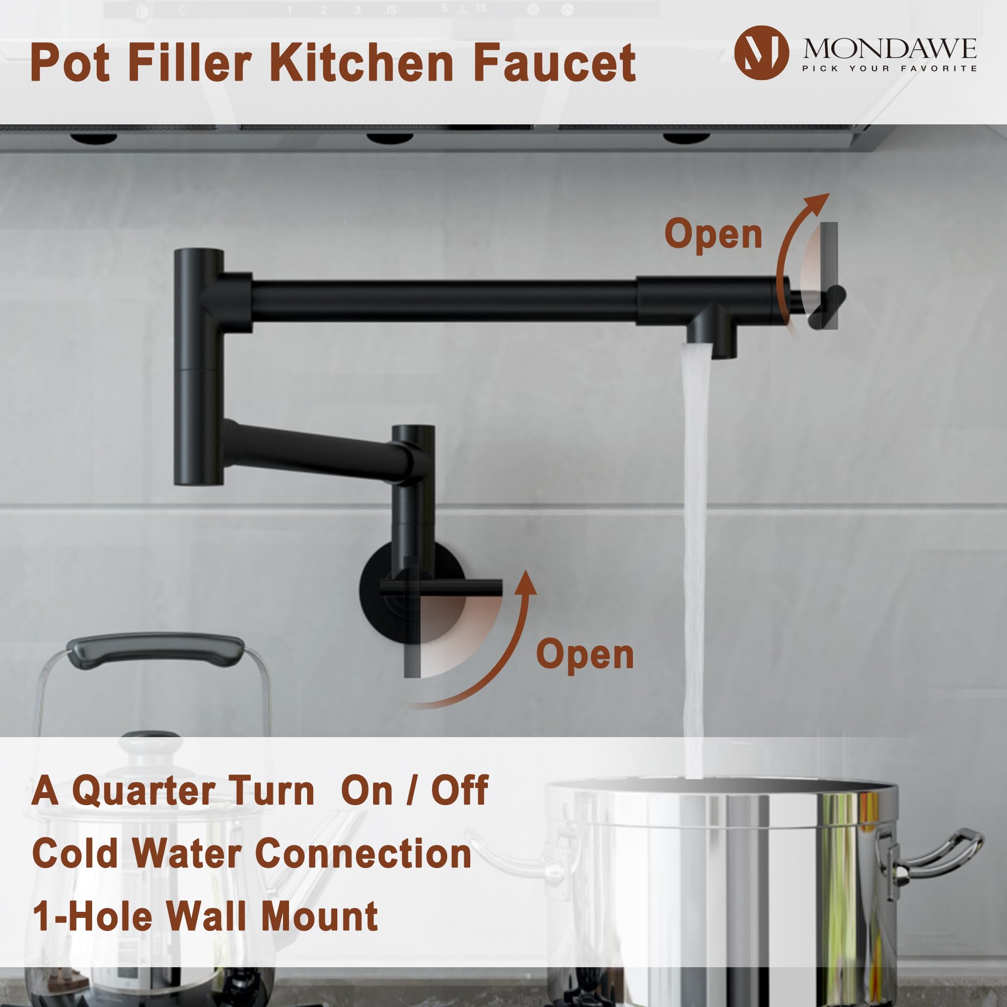 Mondawe Pot Filler Faucet Wall Mount Kitchen Sink Faucet Stove Pot Filling Faucet With Double Joint Swing Arms Folding Faucet, Solid Brass Material, Lead-, Single Hole, Matte Black