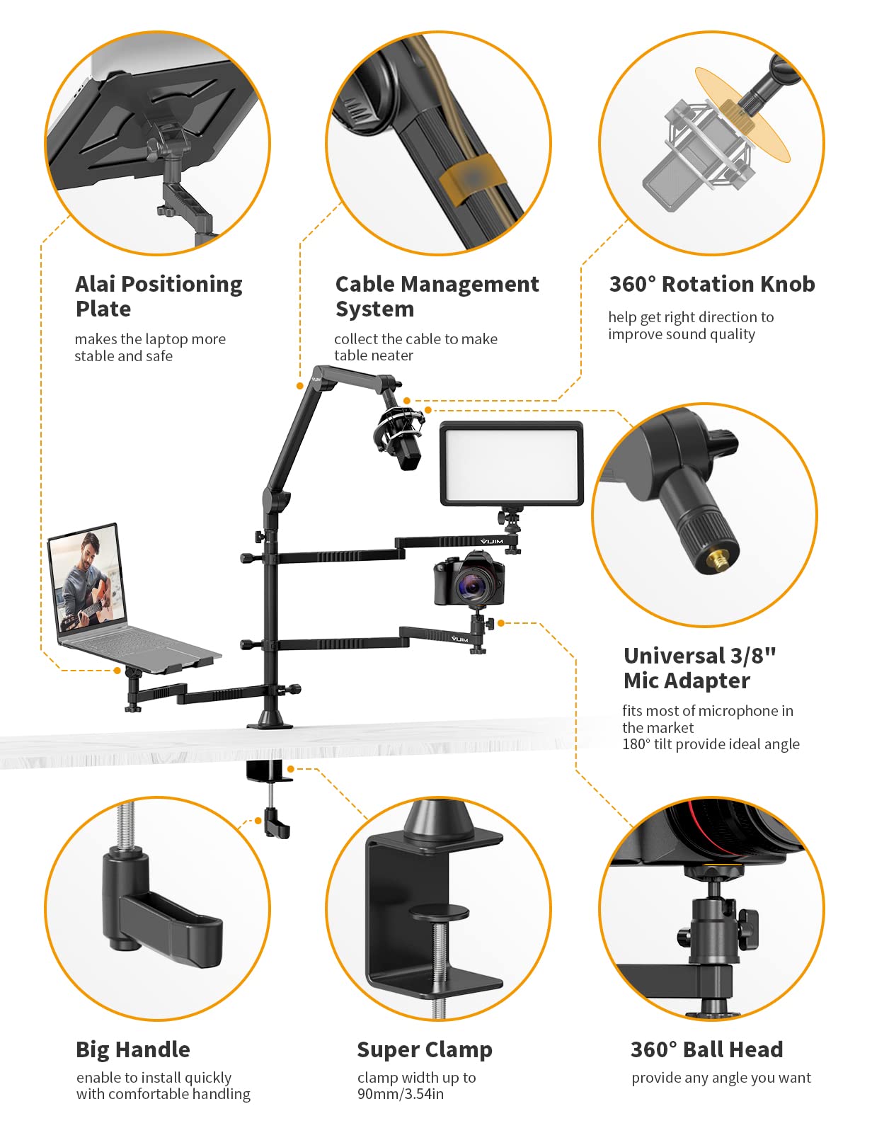 Ulanzi Select Camera Arm Desk Stand Mount - Ls21 Desktop Overhead Camera Mount Flexible Microphone Boom Arm + Laptop Stand Mount + 2 Extension Magic Arm For Webcam Dslr Ring Light Laptop Mic