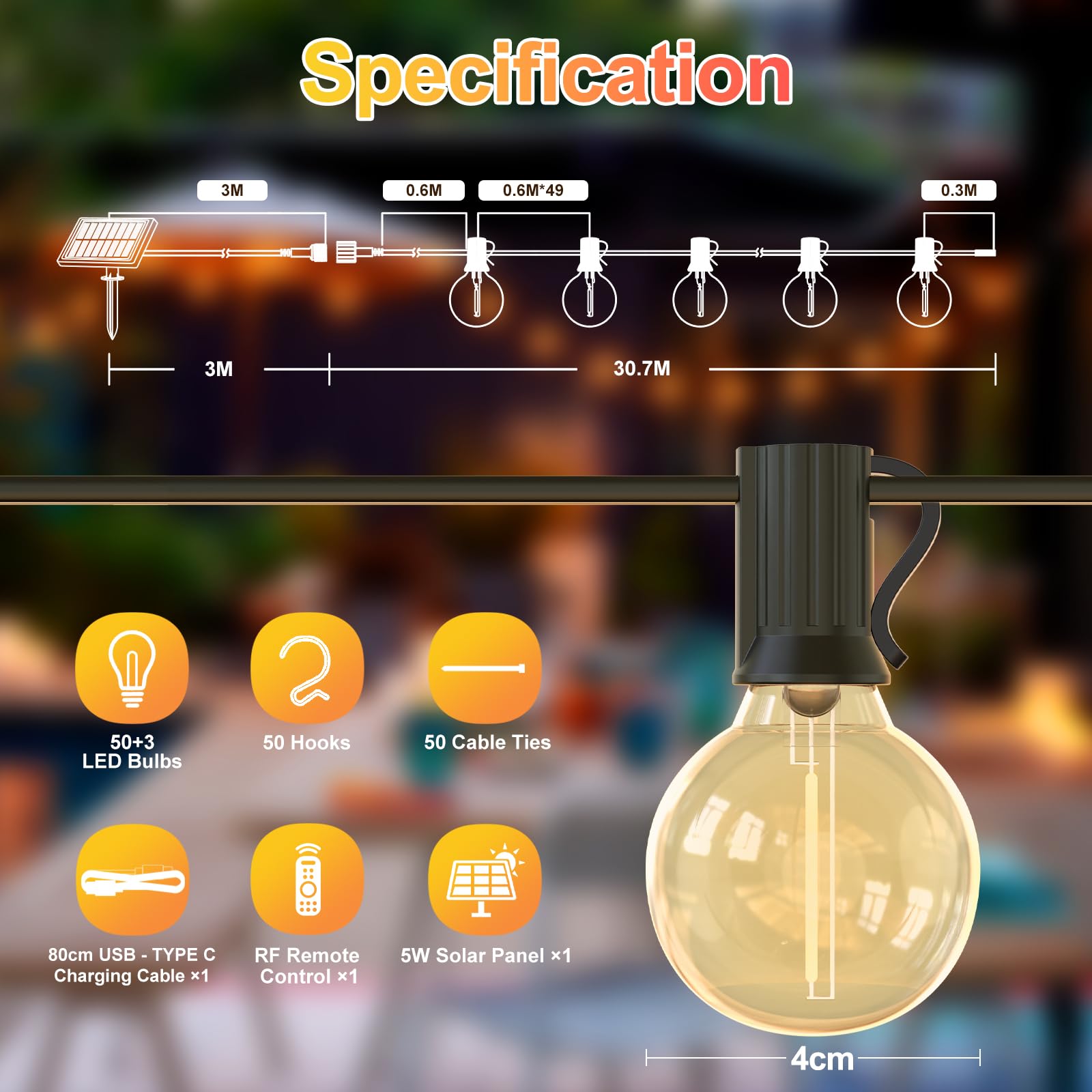 Quntis Solar String Lights Outdoor Waterproof With Remote 4 Light Mode, 106Ft 50+3 Bulbs Type-C & Solar Powered G40 Led String Lights With Dimming, Shatterproof Hanging Lights For Backyard Decor
