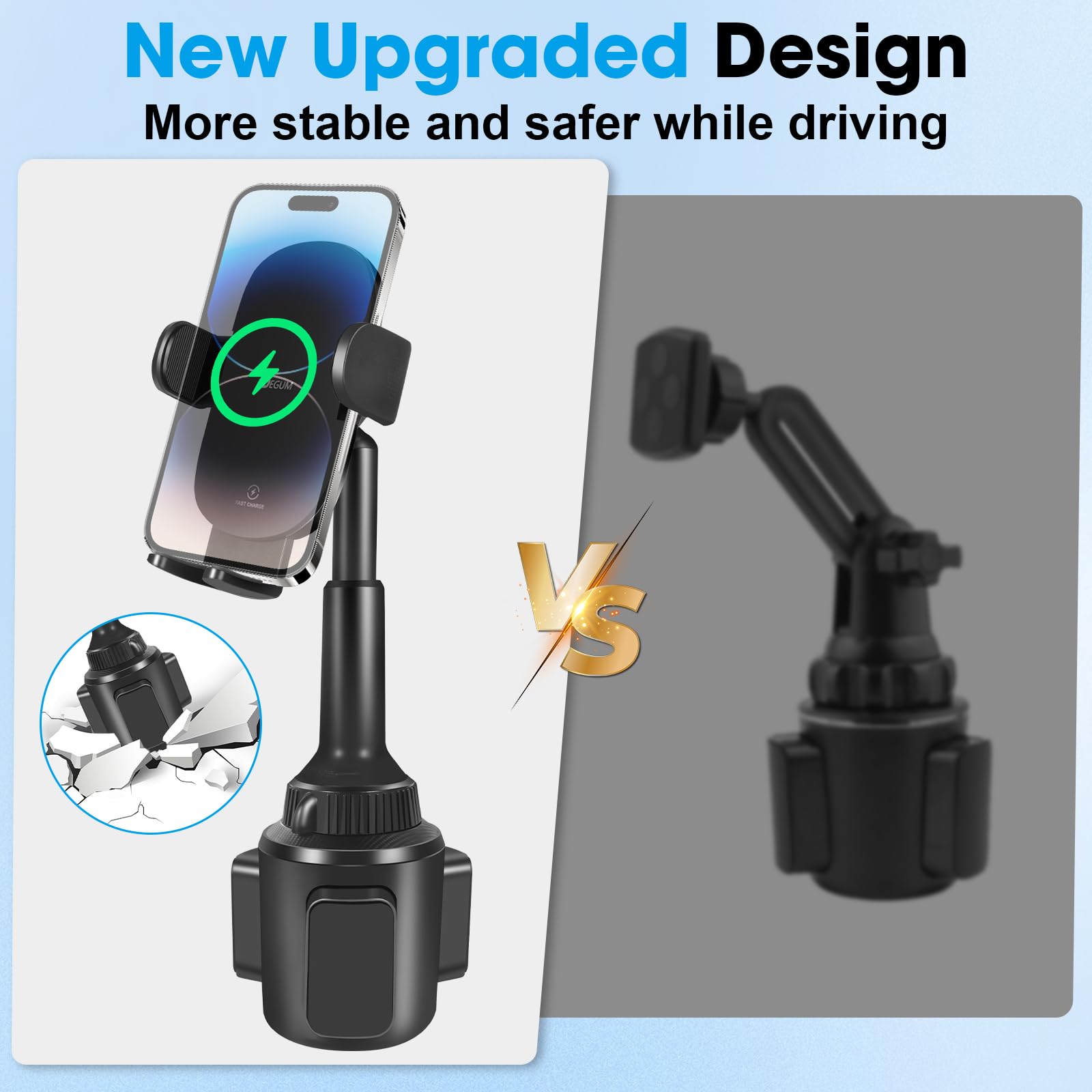 Degum  Wireless Car Charger, Cup Holder Phone Mount With 15W Fast Charging Phone Holder Adjustable Long Arm Height, Compatible With Iphone 16 15 14 13 Samsung Lg And More (With Car Adapter)